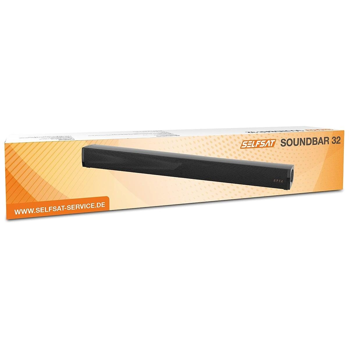 Eine schwarze Soundbar in einer Box mit dem Text SELFAT SOUNDBAR 32.