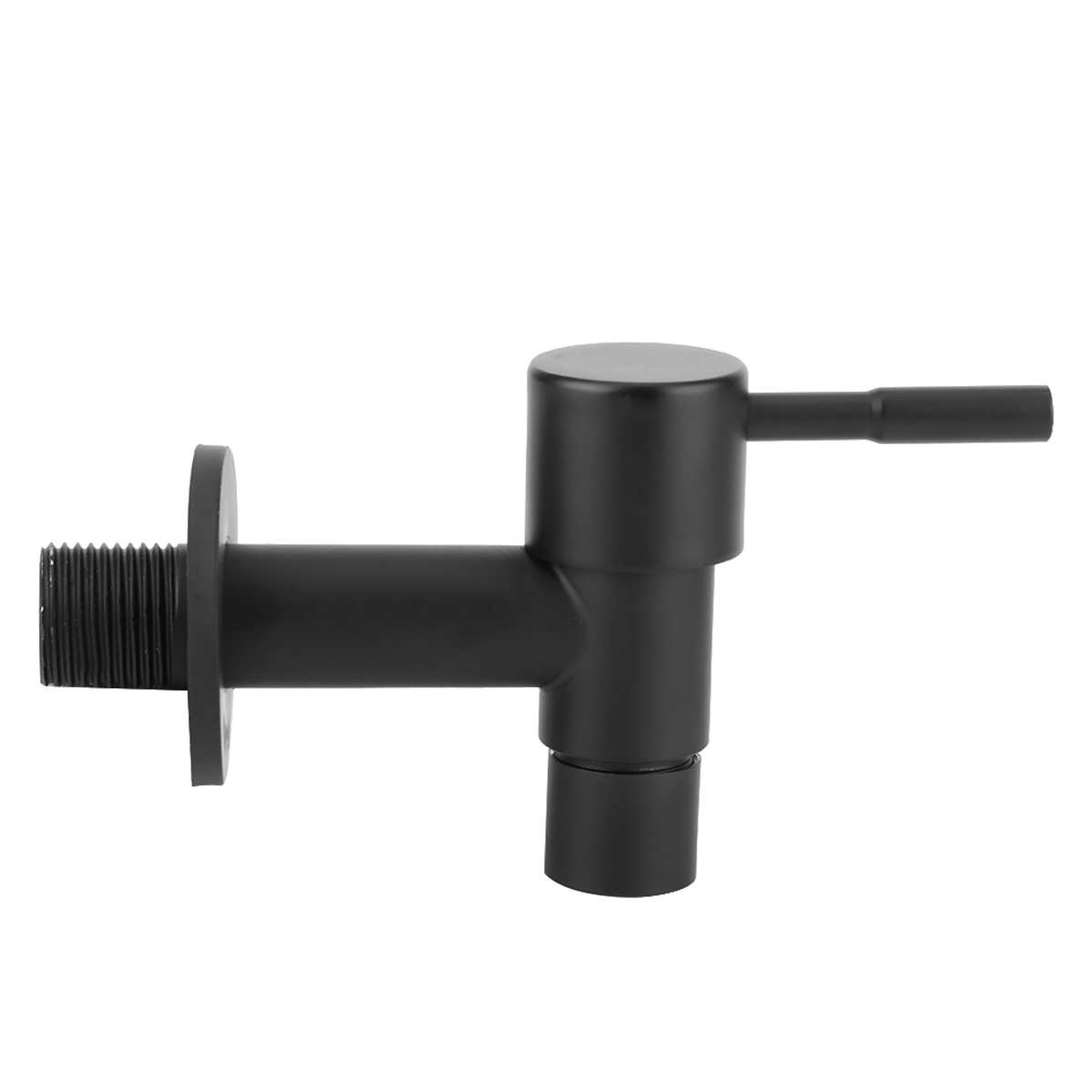 Ein schwarzer, T-förmiger Wasserhahn mit horizontalem Griff und Gewindeeinlass.