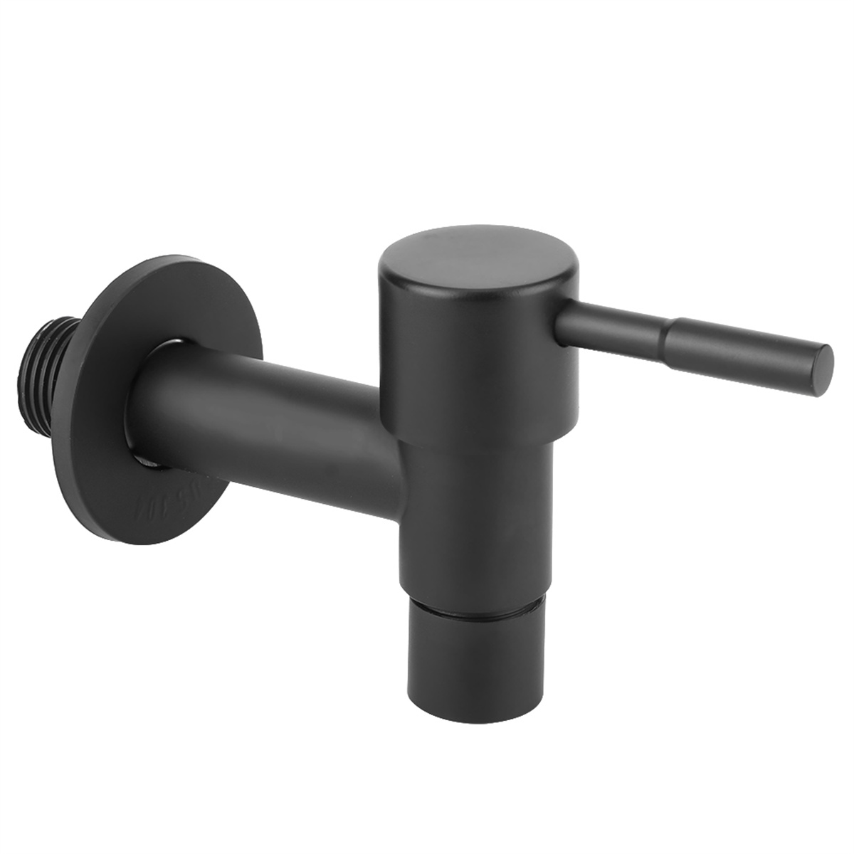 Schwarzer Wasserhahn, modernes Design, an einer Wand montiert, mit weißem Hintergrund.