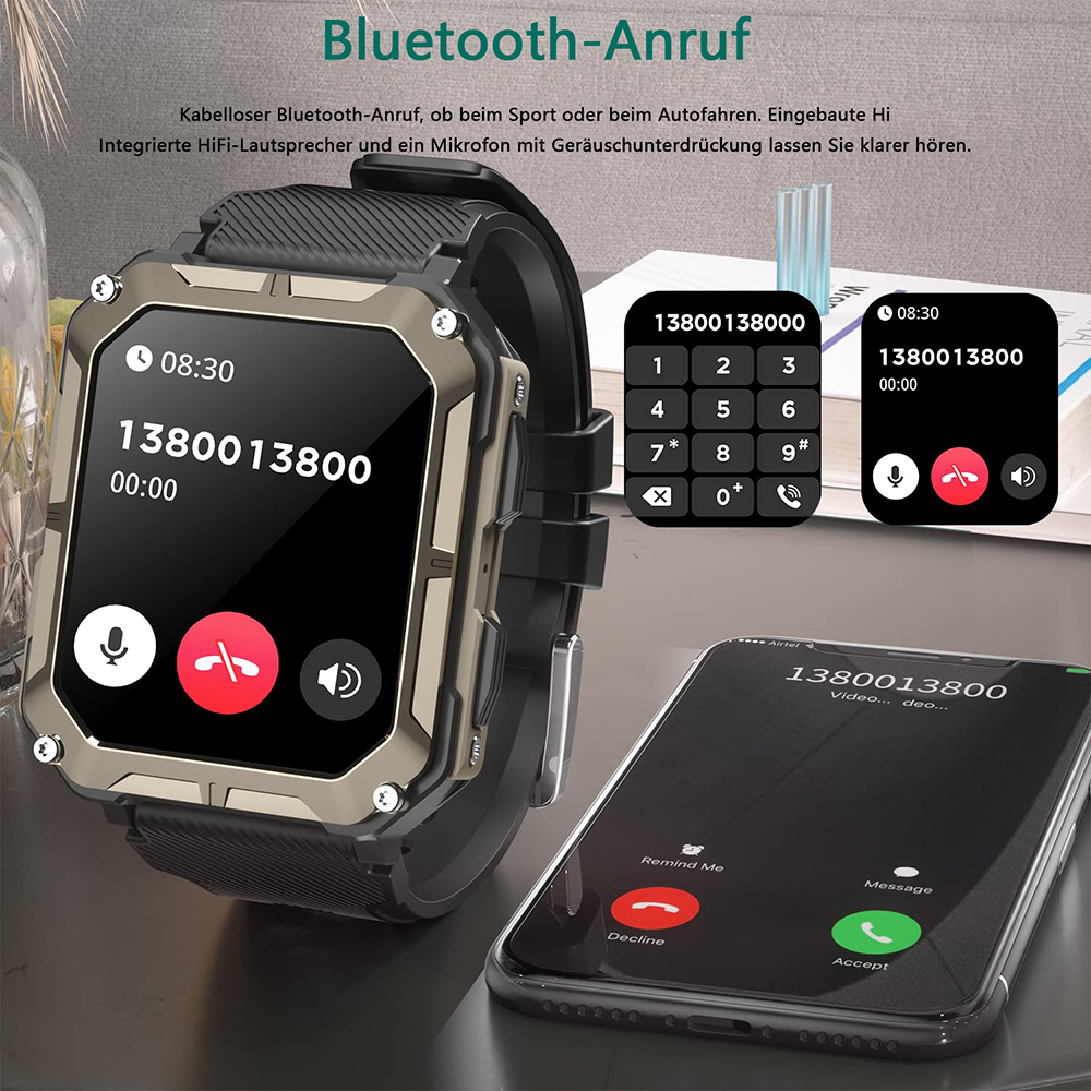 Eine robuste Smartwatch mit Telefonoberfläche und Anrufanzeige, neben einem Telefon, das einen eingehenden Anruf anzeigt.
