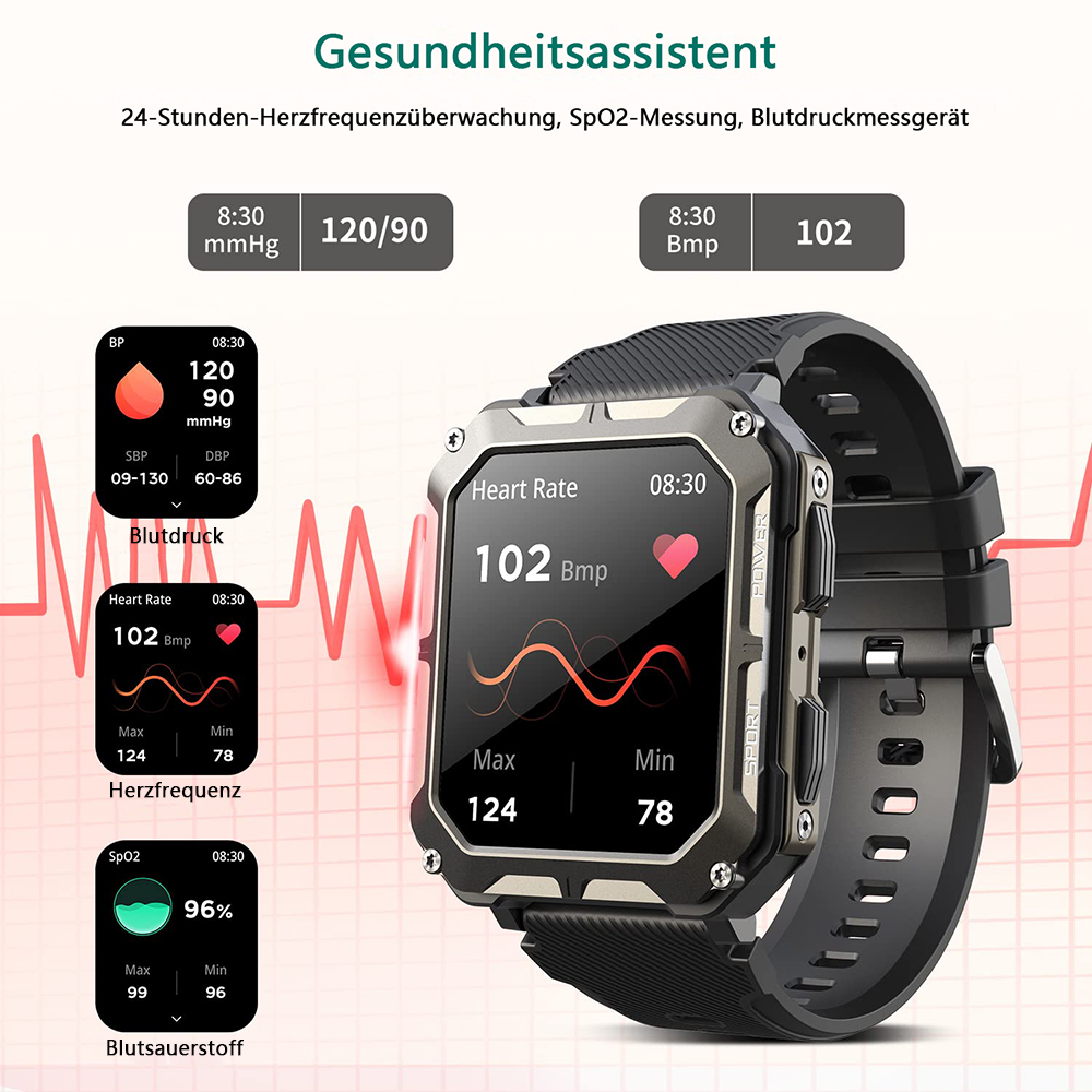Schwarz-graue Smartwatch, die Statistiken anzeigt. Zeigt Herzfrequenz, Blutdruck und SpO2-Daten.