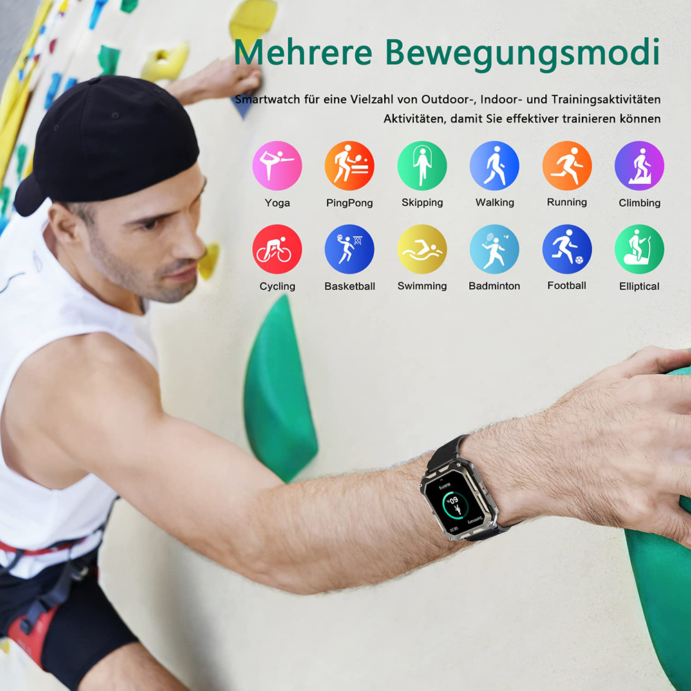 Eine Person an einer Kletterwand, die eine Smartwatch trägt, die Trainingsmodi anzeigt.