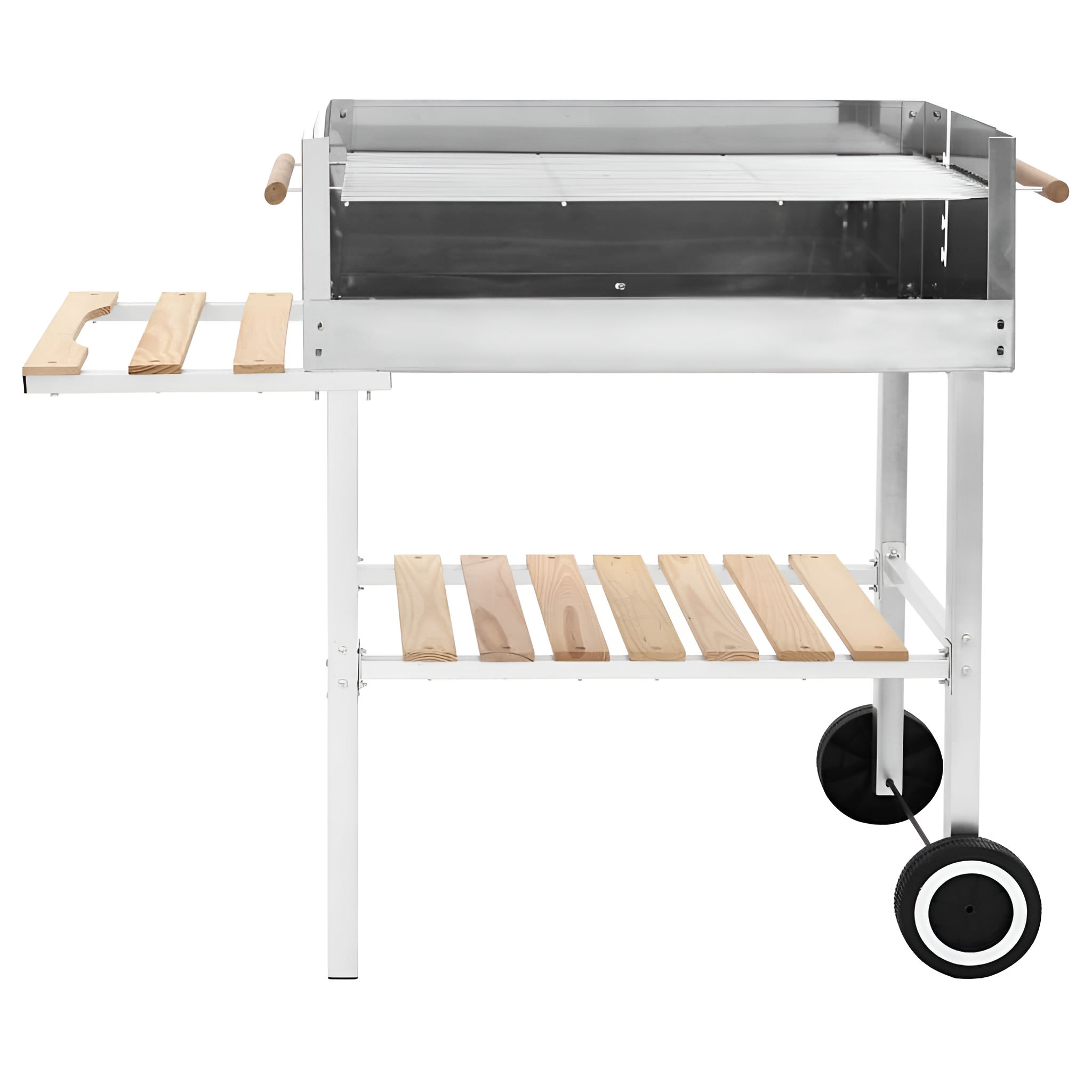 Ein weißer Grill mit Edelstahl-Kochfläche und Holzgriffen und -ablagen.