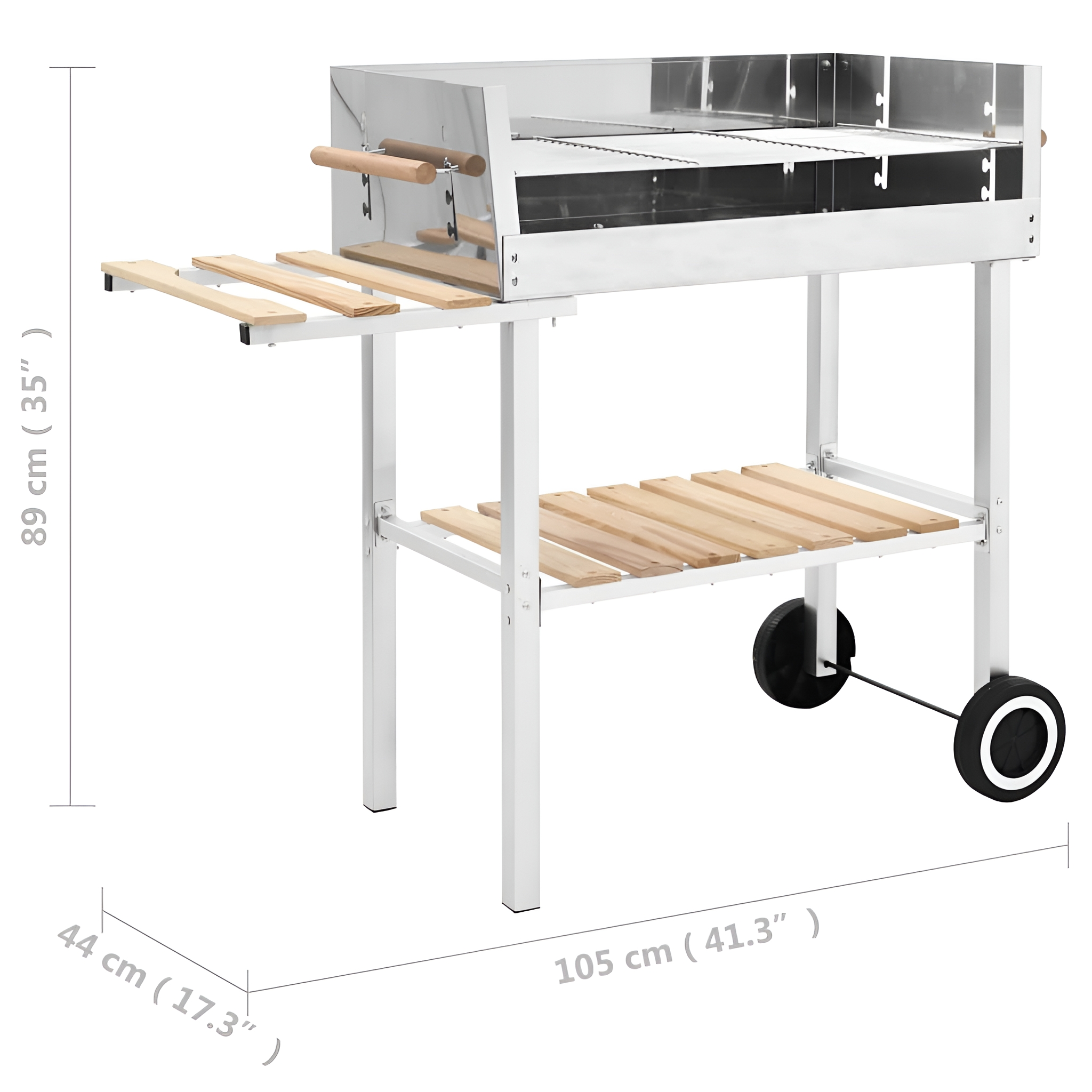 Grill aus Edelstahl und Holz mit Abmessungen, auf weißem Hintergrund.