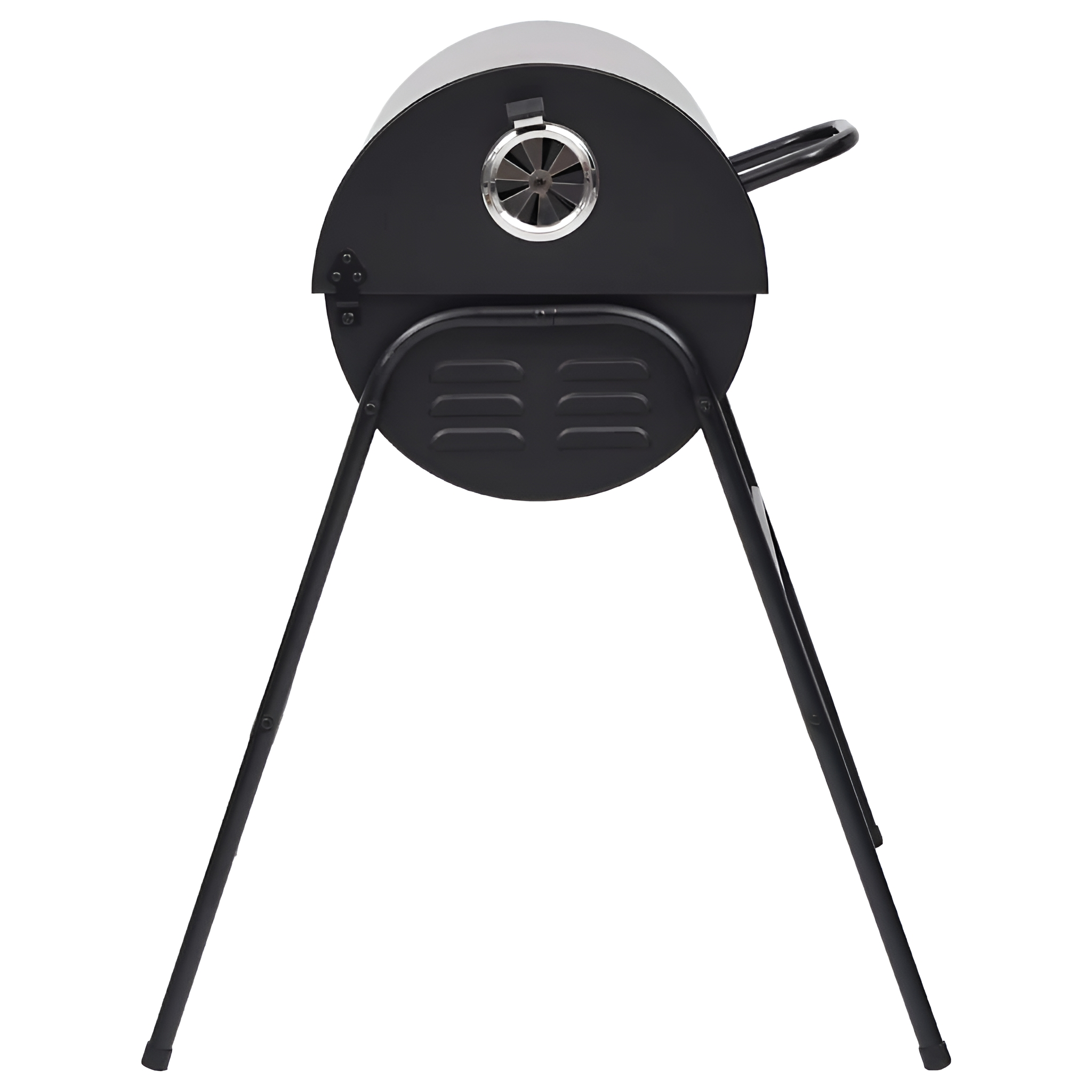 Ein schwarzer Metallgrill in Fassform mit Griff und Beinen vor weißem Hintergrund.