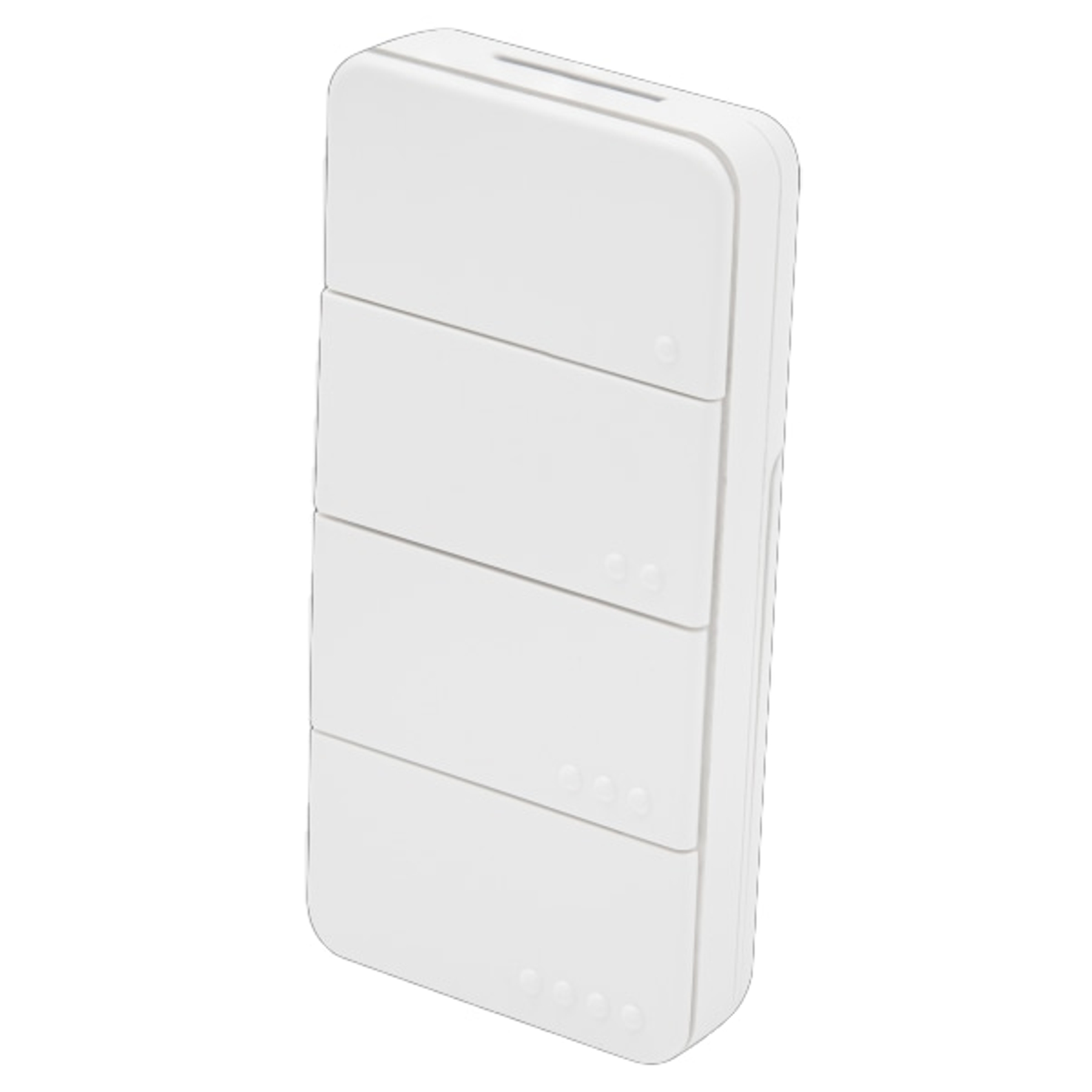 Weiße Powerbank mit vier diagonalen Segmenten und drei kleinen Punkten.