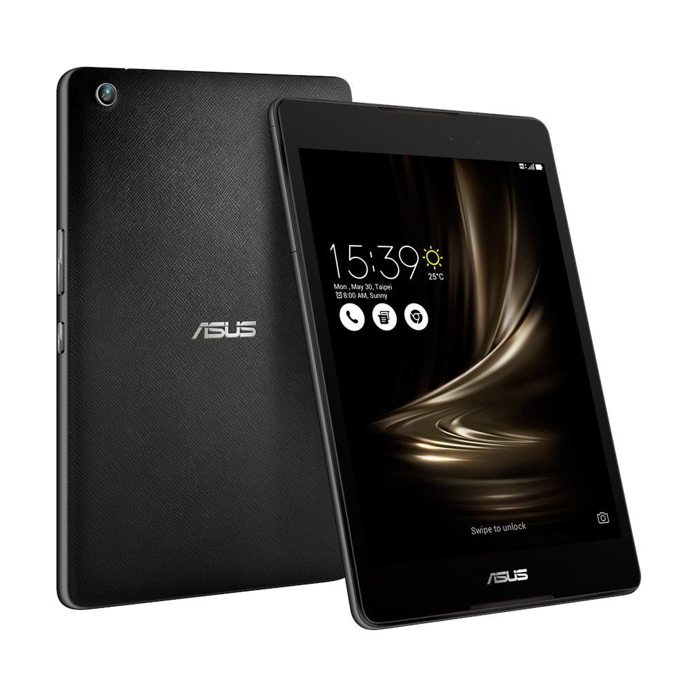 Schwarzes Tablet mit Uhr auf dem Bildschirm. ASUS-Logo. Ein Tablet ist hinten.