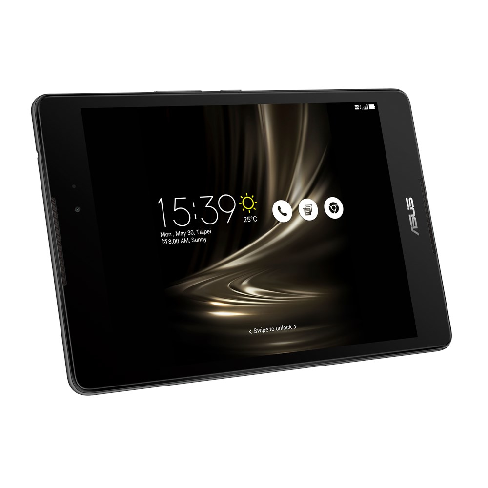 Ein schwarzes Tablet, das die Uhrzeit und Informationen anzeigt.