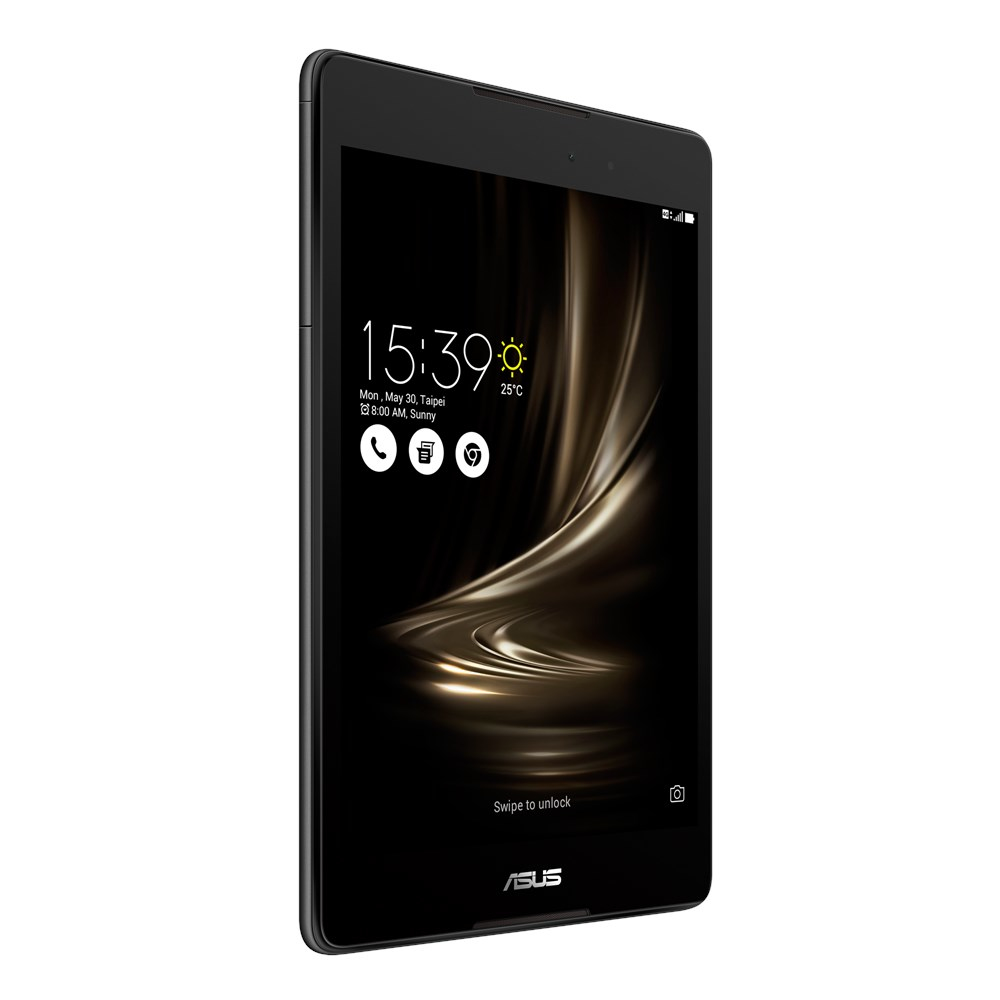 Ein schwarzes Tablet wird gezeigt, das die Uhrzeit und Symbole anzeigt. Das Tablet befindet sich auf einer weißen Oberfläche.