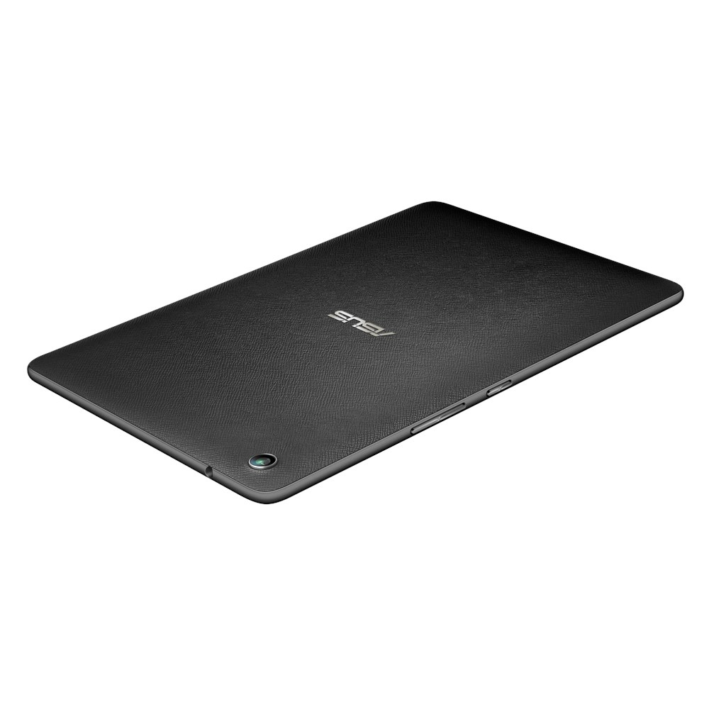 Schwarze Asus Tablet-Rückseite, strukturierte Oberfläche. Kamera und Asus-Logo. Weißer Hintergrund.