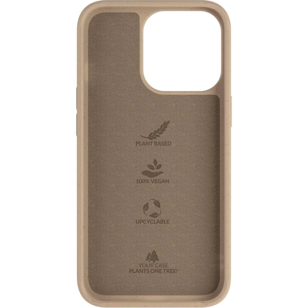 Interno di una custodia beige con testo a base vegetale, vegano e riciclabile.