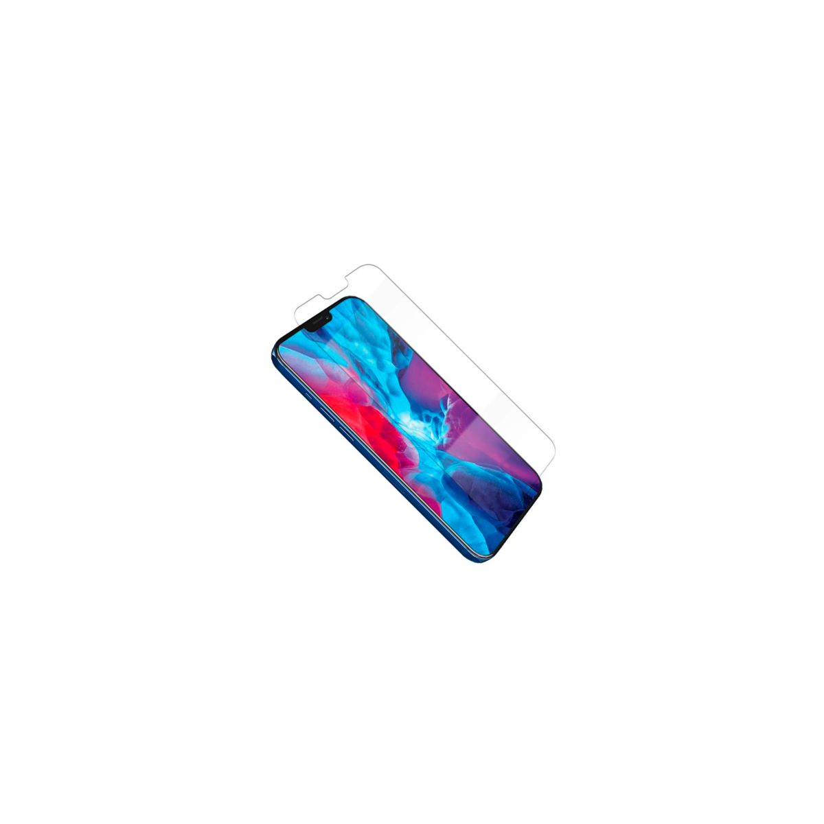 Smartphone con protezione schermo, vista angolata. Schermo mostra un'immagine astratta colorata.