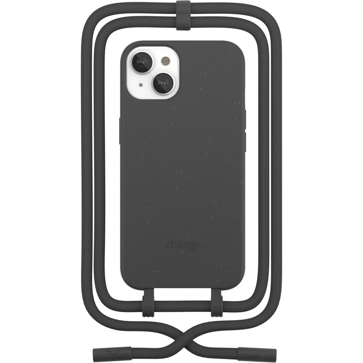 Eine schwarze Handyhülle mit schwarzem Riemen. Das Telefon hat zwei Kameras.