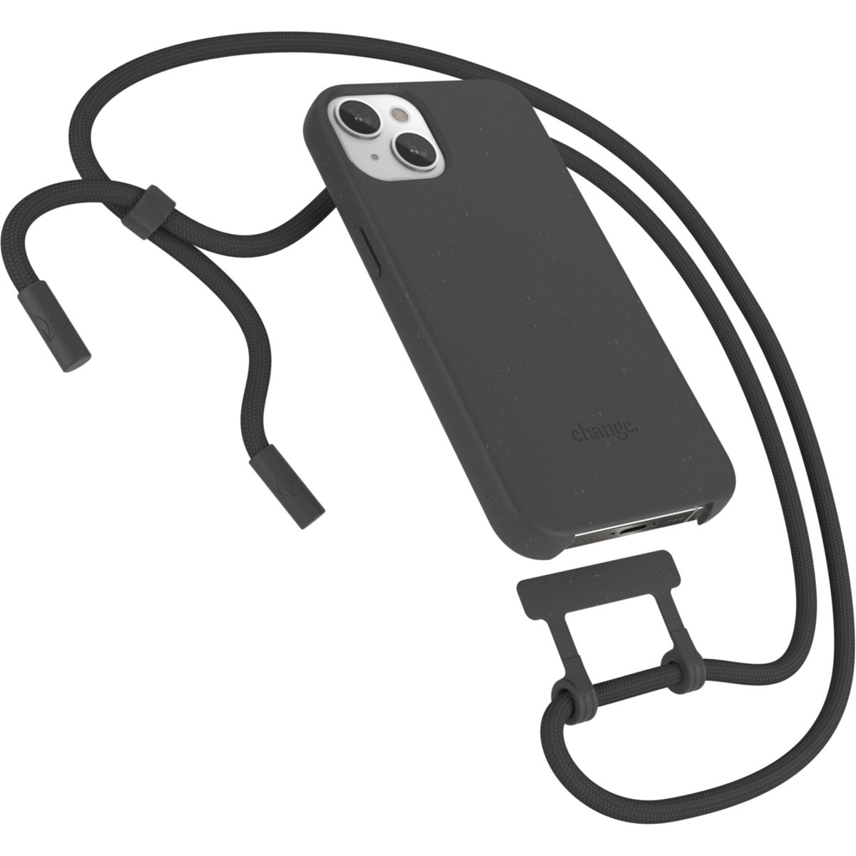 Schwarze Handyhülle mit schwarzem Kabel. Die Hülle hat eine Öse für das Kabel und das Wort 'change'.