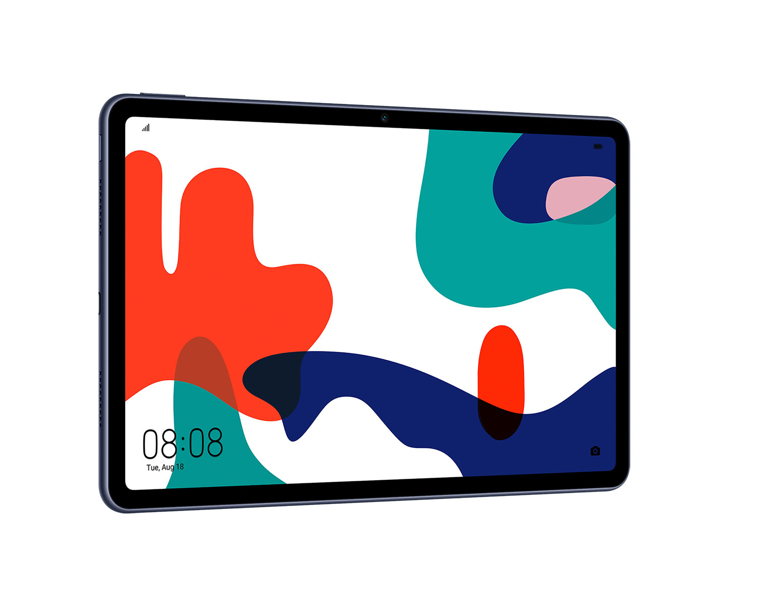 Tablet auf weißem Hintergrund, Bildschirm zeigt bunte abstrakte Formen.
