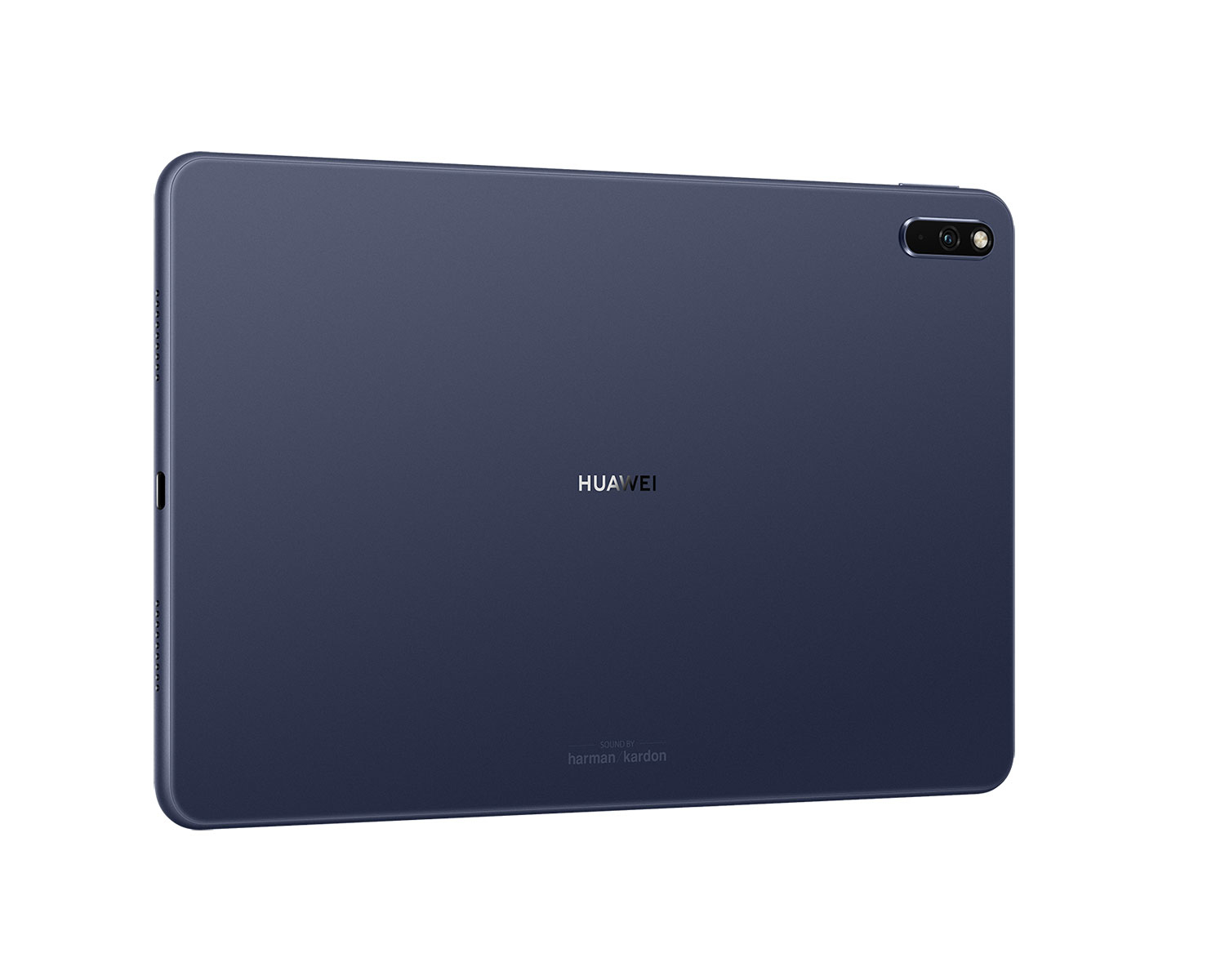 Blaues Tablet, Rückansicht, auf weißem Hintergrund.