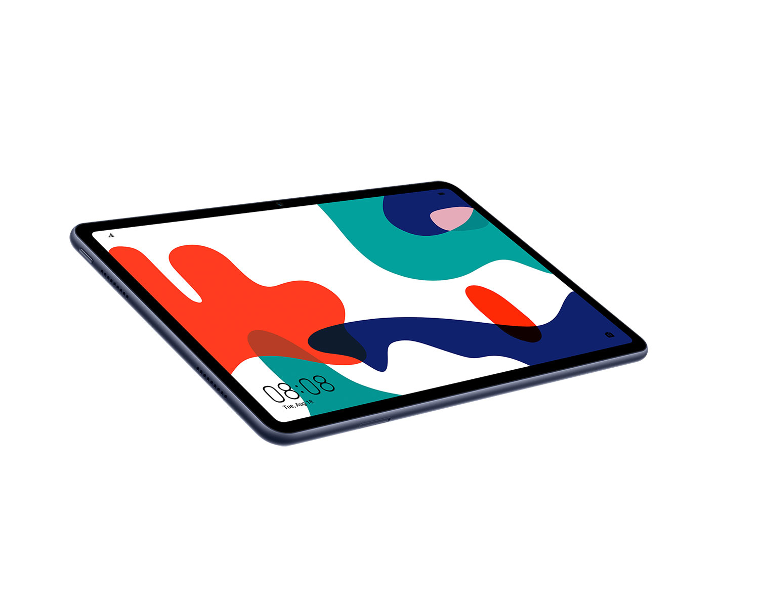 Ein dunkelblaues Tablet mit einem farbenfrohen abstrakten Design auf dem Bildschirm, auf Weiß.