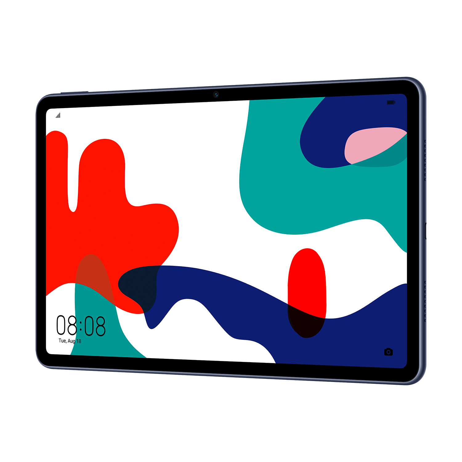 Ein Tablet mit blauem Rahmen und einem farbenfrohen abstrakten Design auf dem Bildschirm.