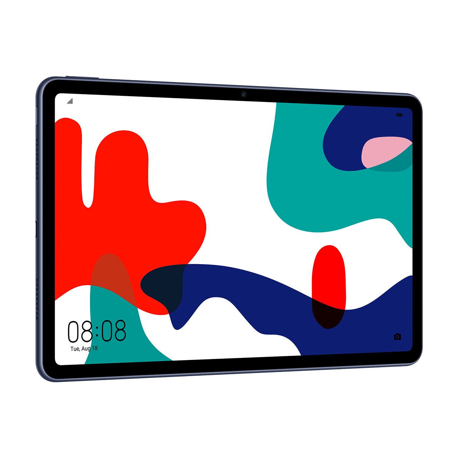 Ein Tablet mit buntem, abstrakten Hintergrund und schwarzem Rahmen.