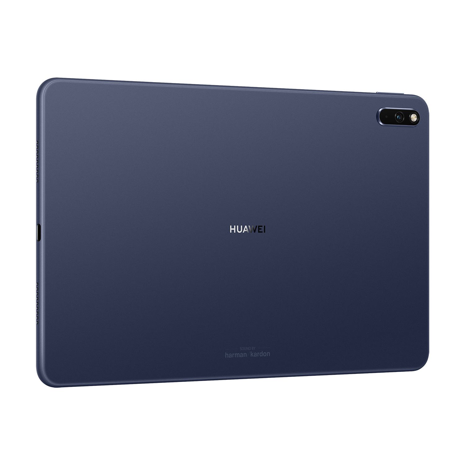 Tablet-Rückseite mit blauem Finish, Kamera und Huawei-Logo. Weißer Hintergrund.