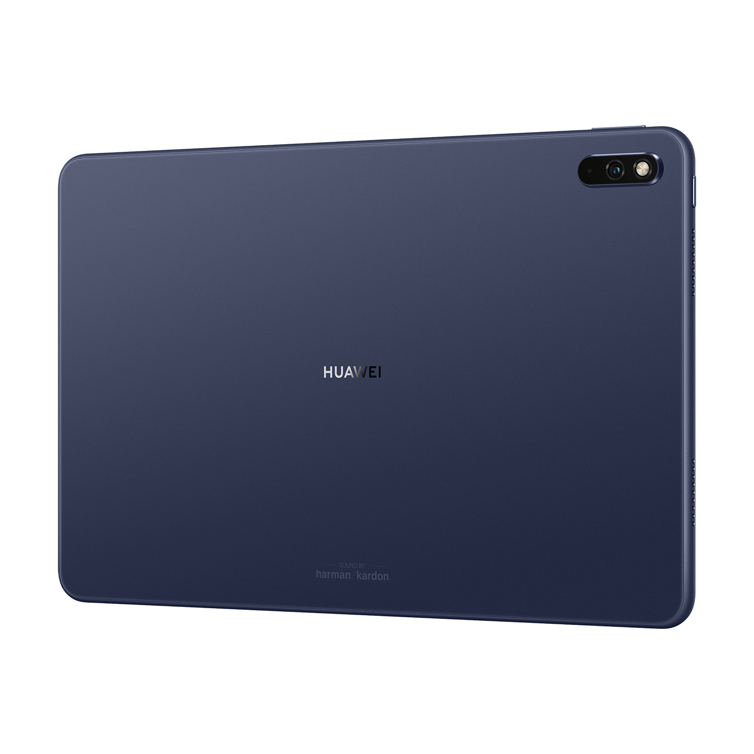 Die Rückseite eines dunkelblauen Tablets mit dem Wort 'HUAWEI' darauf.