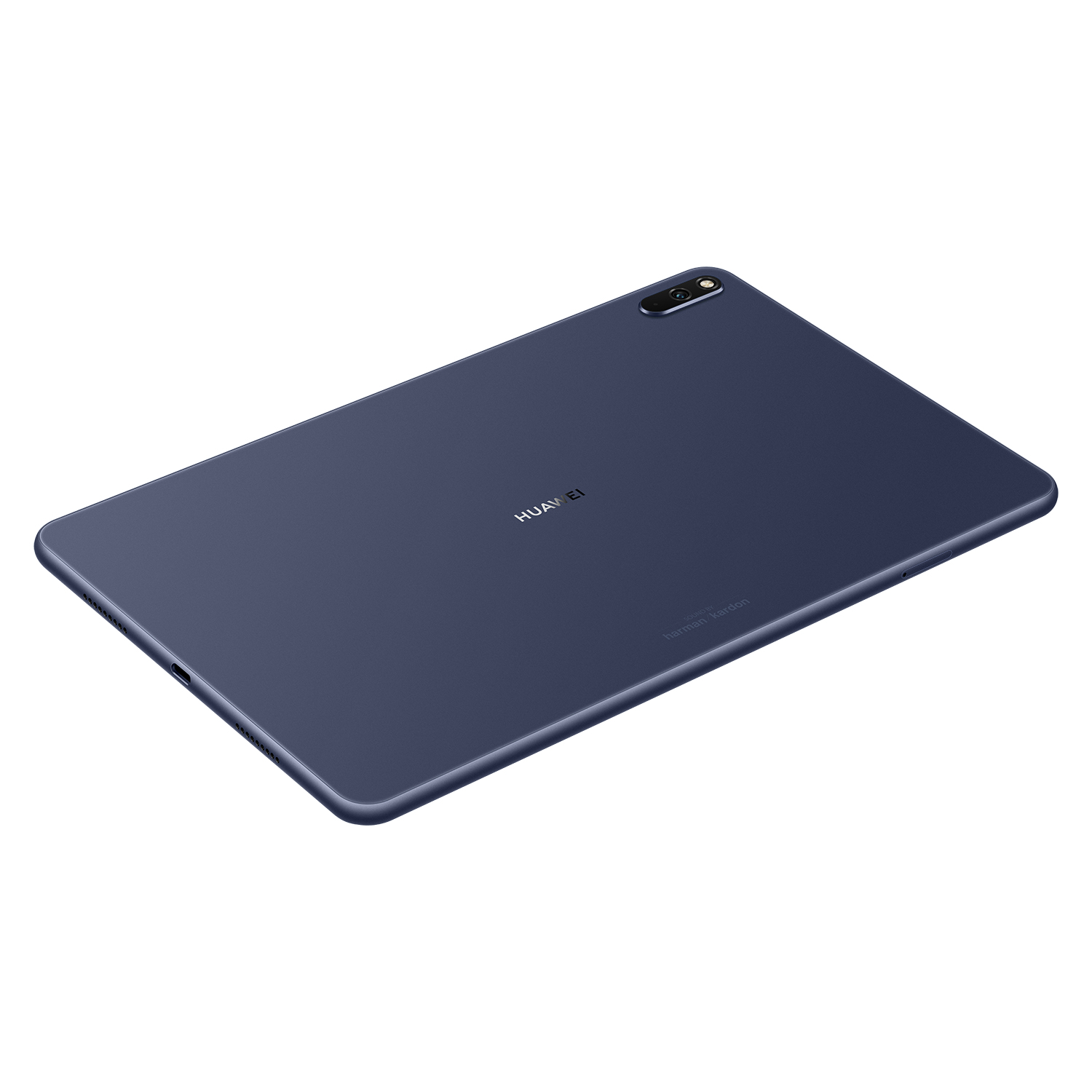 Ein blaues Tablet mit dem Huawei-Logo. Die Rückseite des Tablets ist sichtbar.