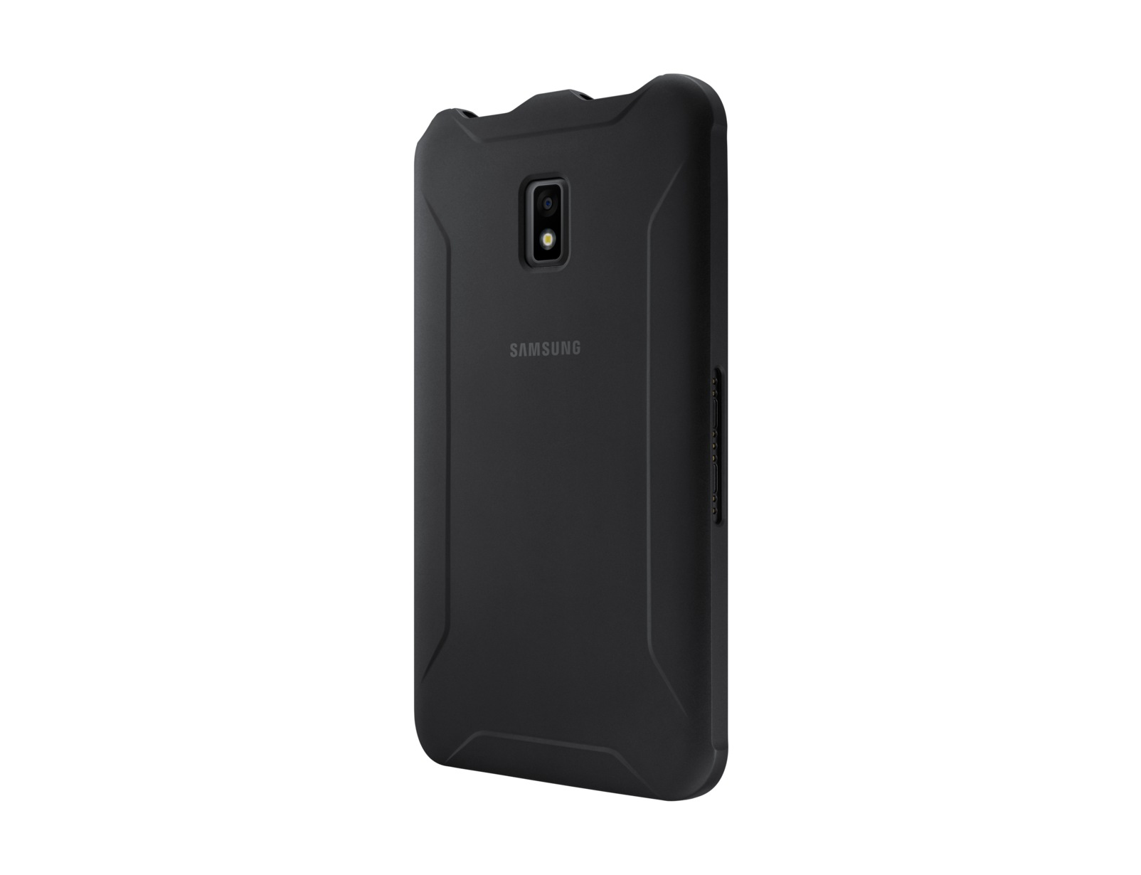 Una custodia nera per telefono Samsung con un design robusto, con un ritaglio per la fotocamera sul retro.