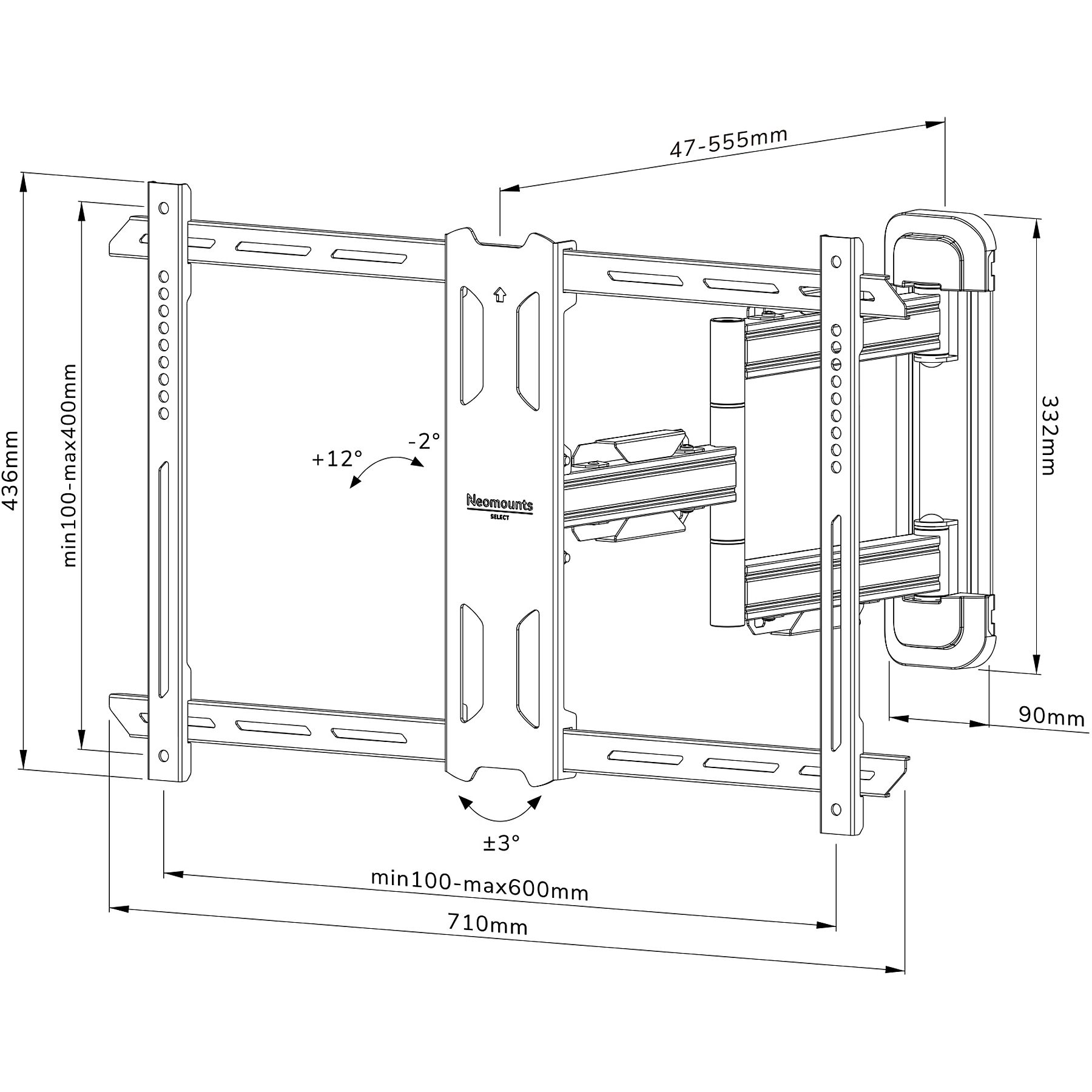 Dessin technique d'un support mural pour un téléviseur, indiquant les dimensions et les angles d'inclinaison.