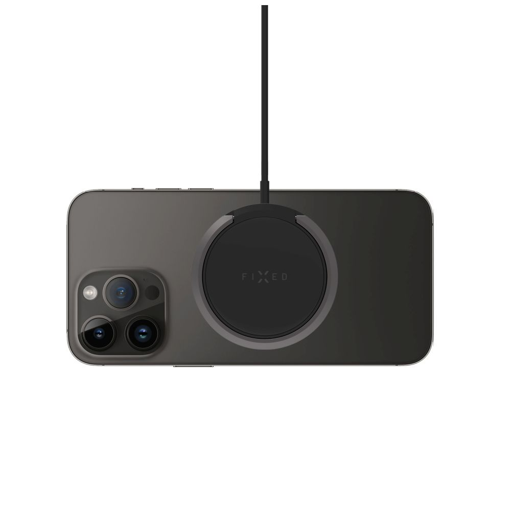 Ein schwarzes kabelloses Ladegerät mit einem Telefon auf weißem Hintergrund, Marke 'FIXED'.