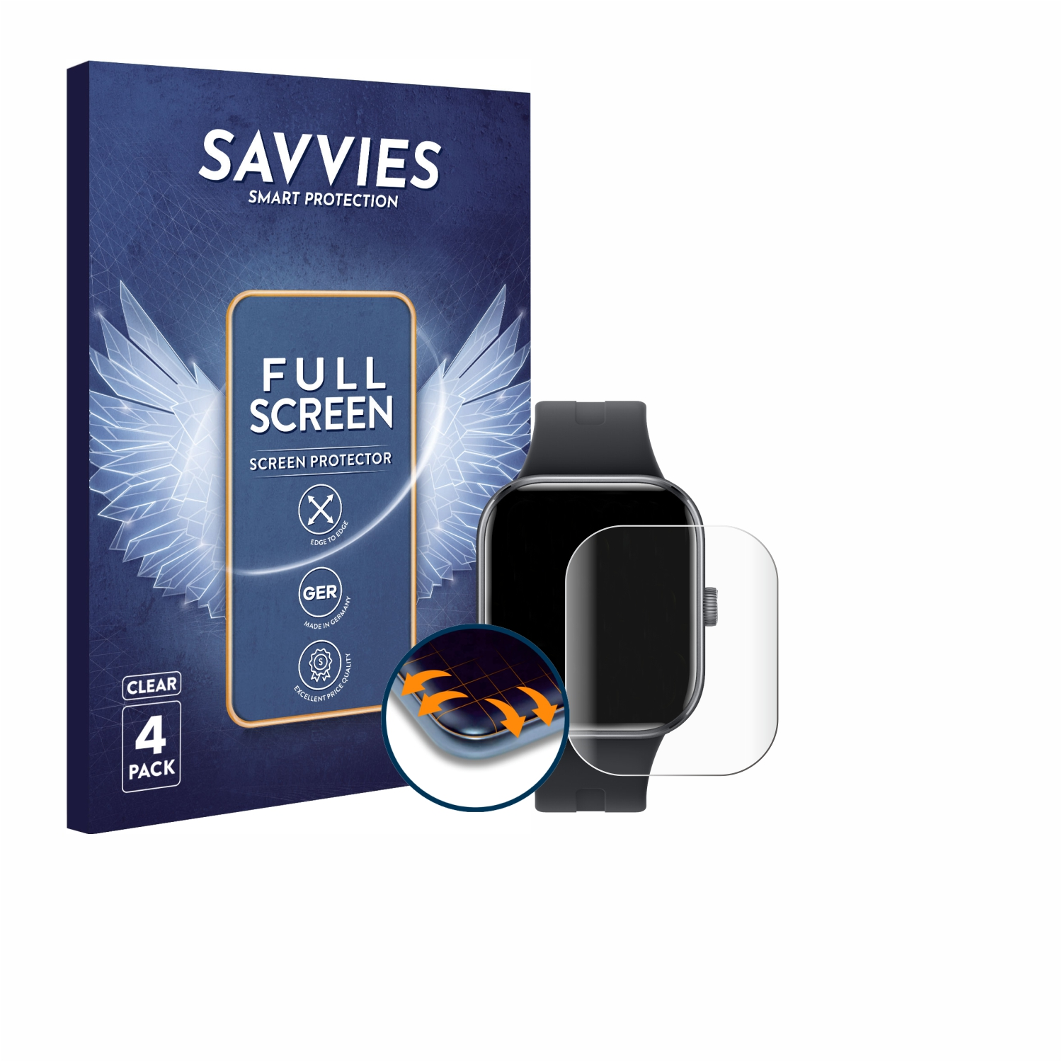 Displayschutzfolienbox mit Smartwatch und klarer Displayschutzfolie. Weißer Hintergrund.