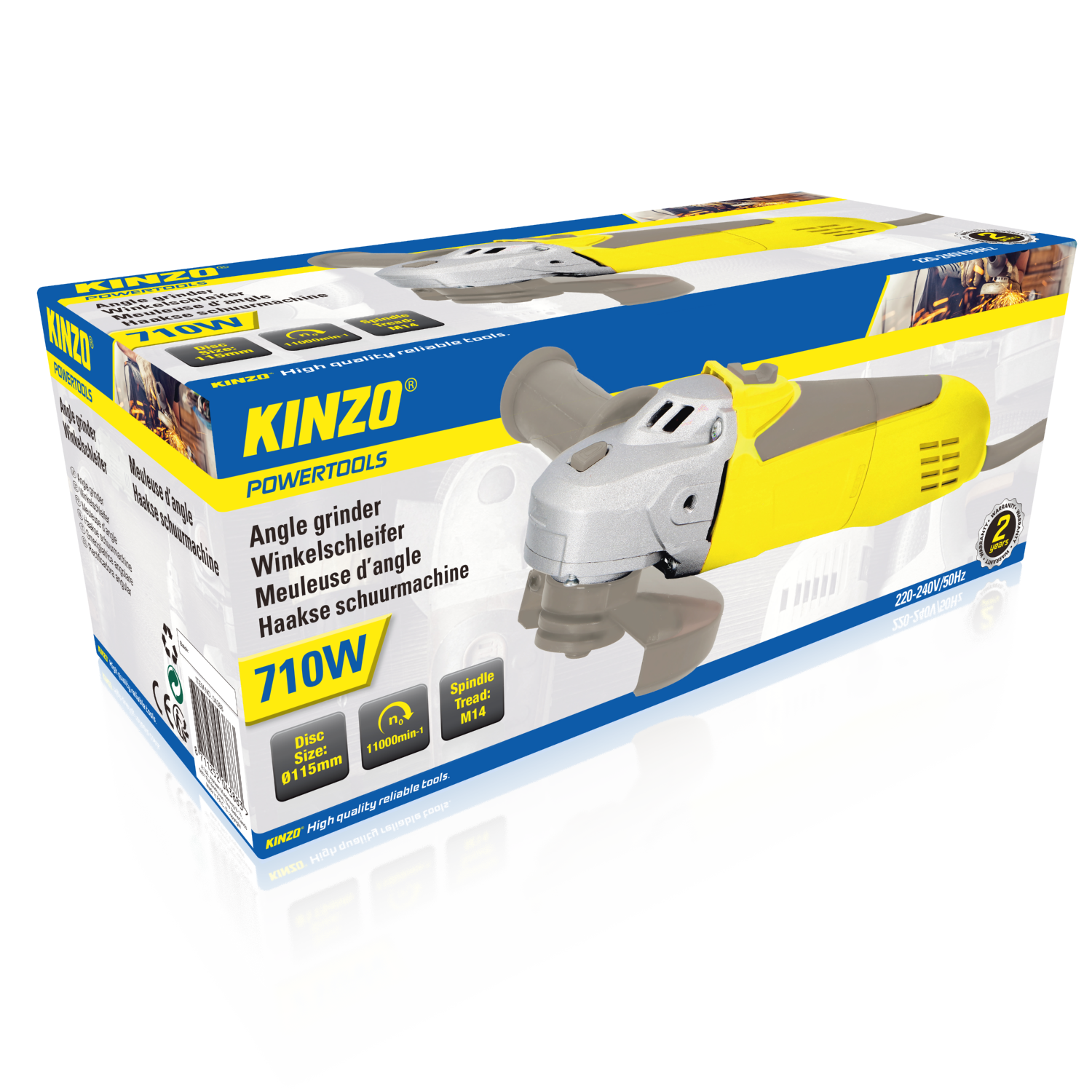 Haakse slijper Kinzo Power Tools, in een gele en witte doos met productdetails en een afbeelding.