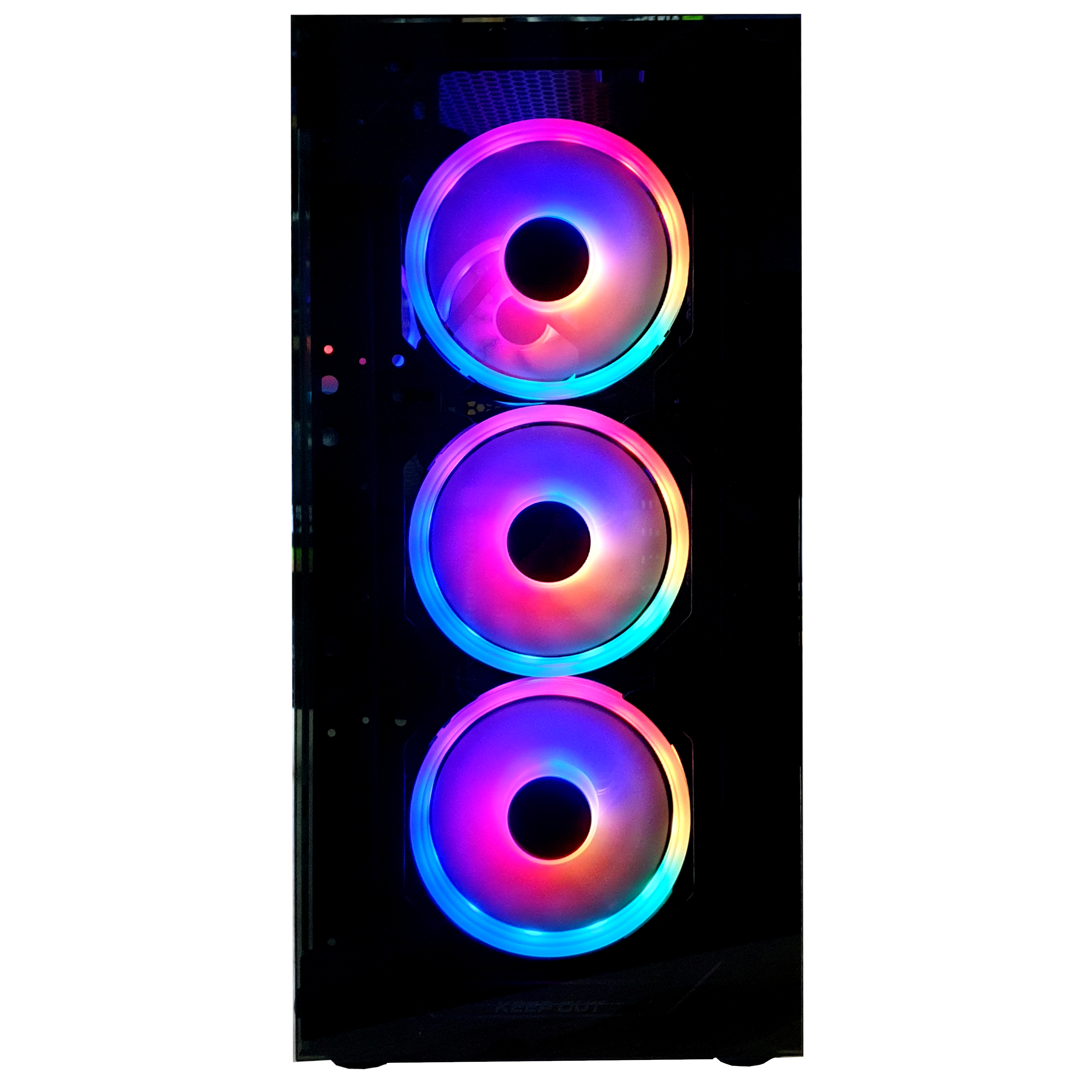 Una caja de computadora con tres ventiladores iluminados con luces que cambian de color.