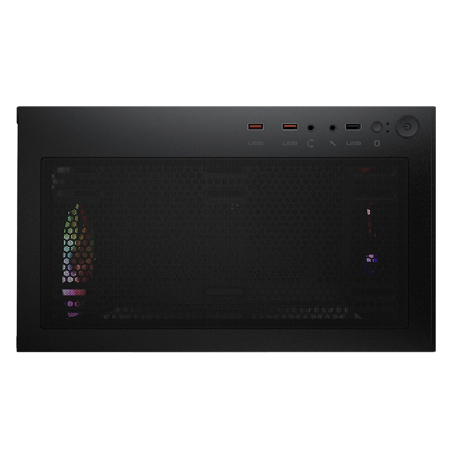 Caja de ordenador negra con frontal de malla y luces de colores visibles.