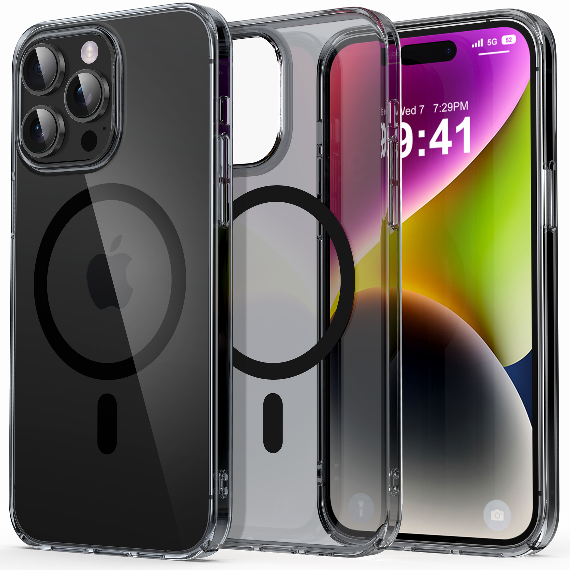 Transparente Handyhülle mit einem iPhone darin. Das iPhone hat einen bunten Bildschirm und eine Kamera.