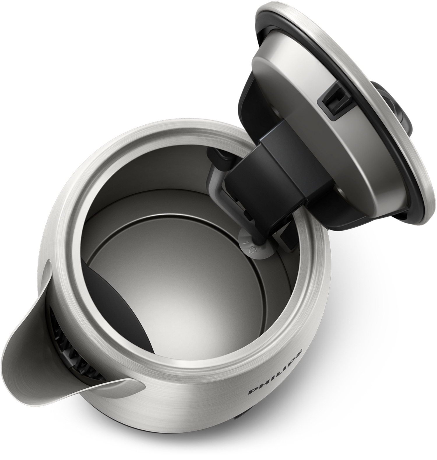 Elektryczny czajnik ze stali nierdzewnej, otwarte wieczko, widok wnętrza. Marka Philips.