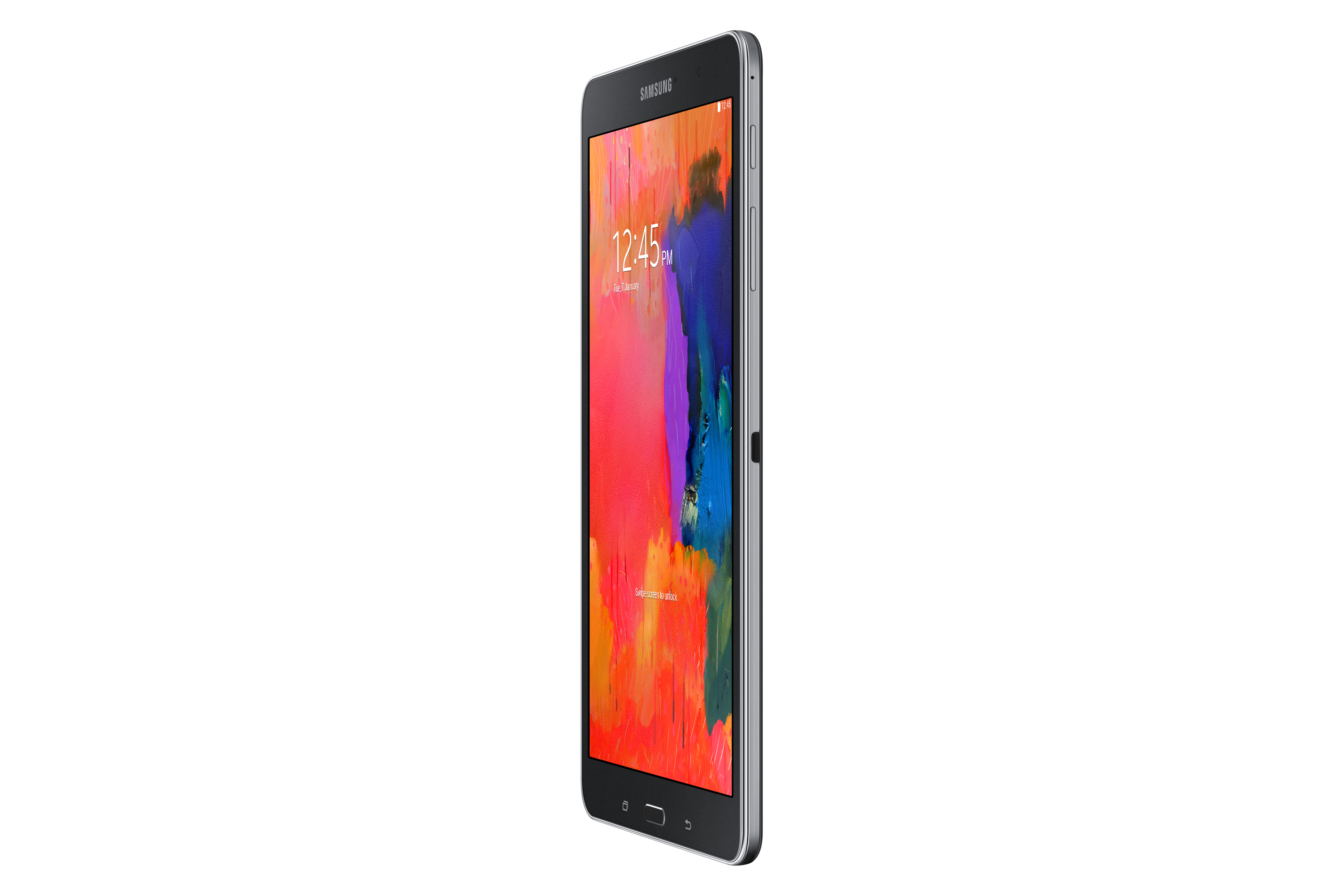 Ein Tablet auf weißem Hintergrund, das ein farbenfrohes Gemälde zeigt.