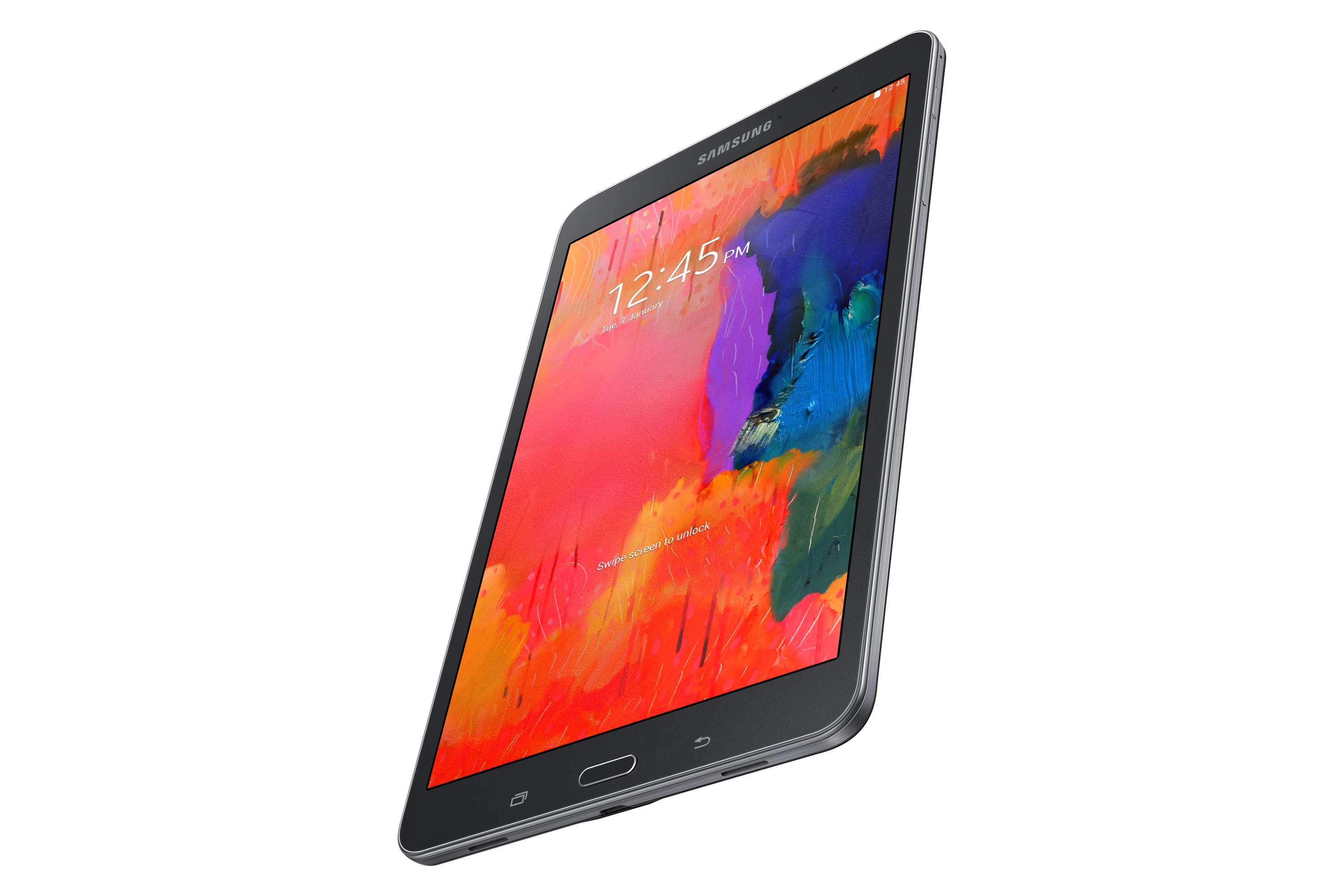 Ein schwarzes Tablet mit buntem abstraktem Bild, auf weißem Hintergrund geneigt.