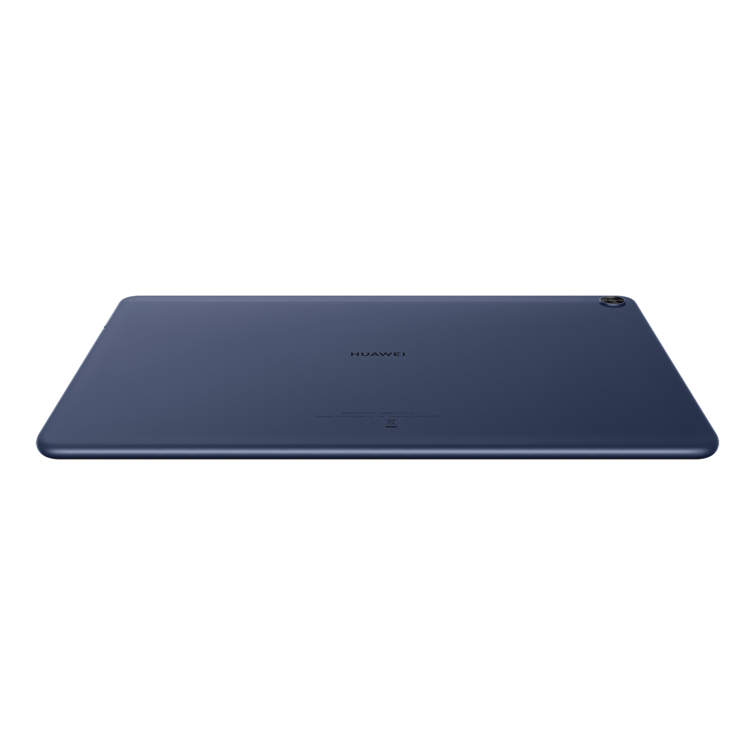Ein blaues Tablet von hinten, das das Huawei-Logo und andere Details auf weißem Hintergrund zeigt.