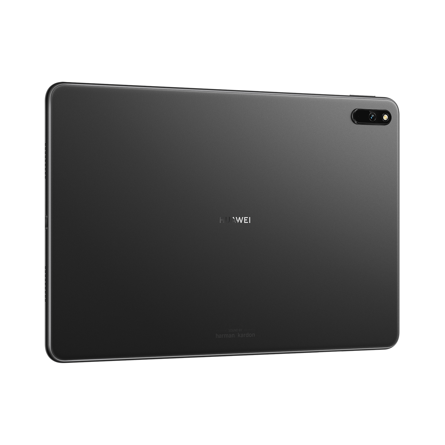 Schwarzes Tablet auf weißem Hintergrund, Rückansicht, Kamera oben, HUAWEI-Logo in der Mitte.