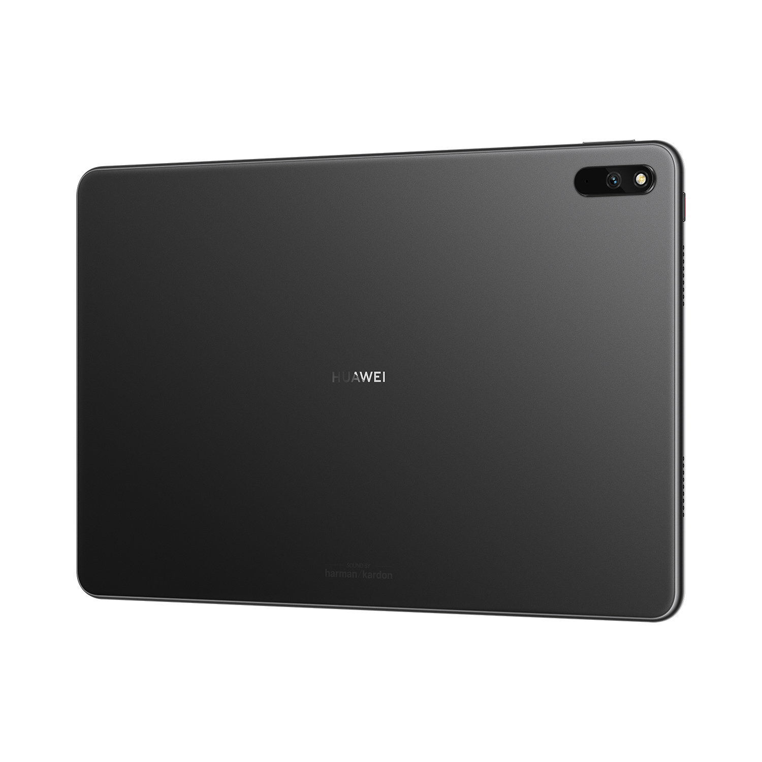 Ein schwarzes Tablet mit dem Huawei-Logo auf der Rückseite, auf weißem Hintergrund.