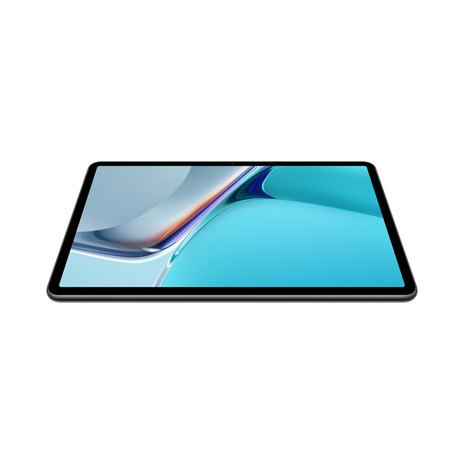 Ein Tablet mit hellblauem Bildschirm. Es liegt flach auf einer weißen Oberfläche.