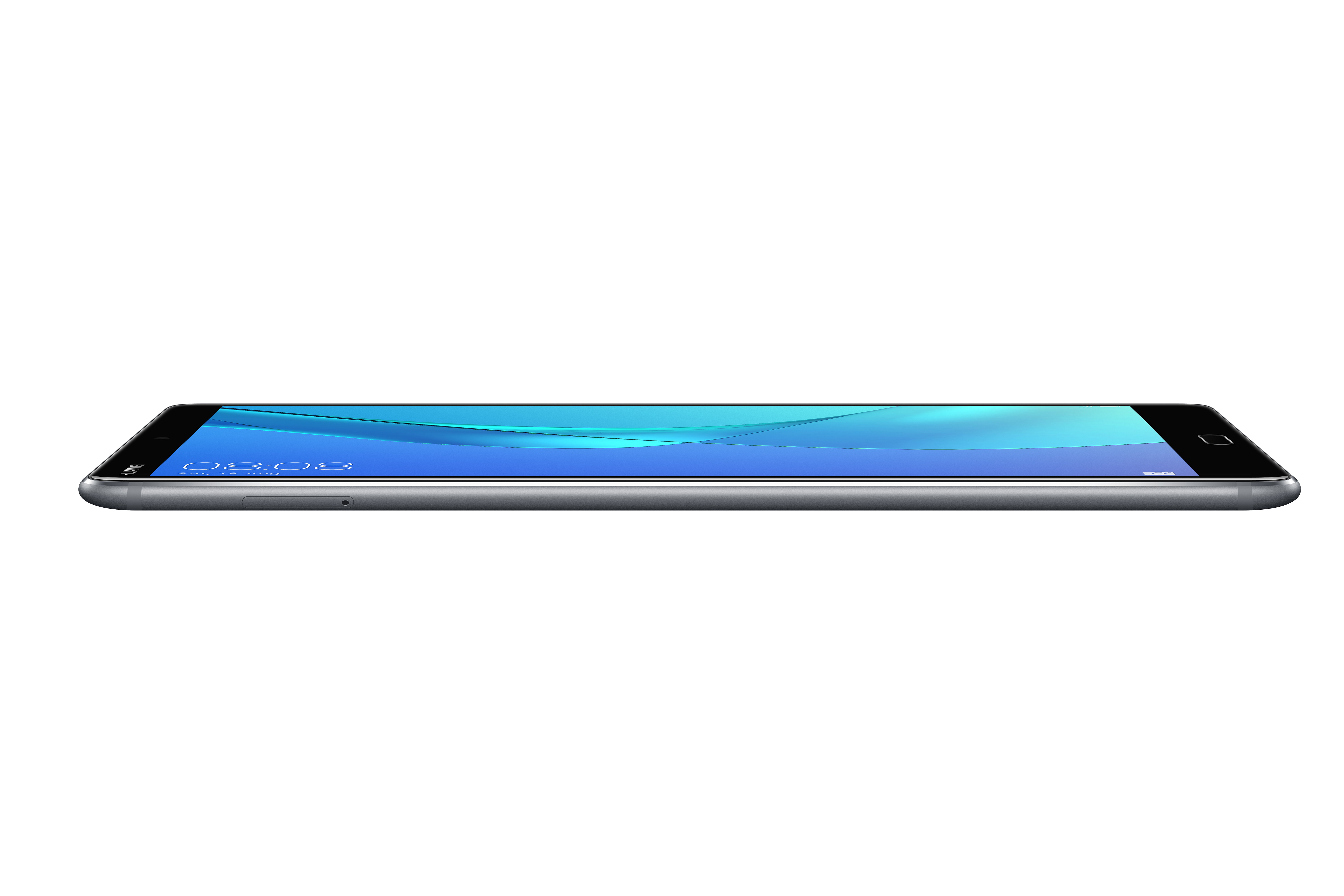 Silbernes Tablet mit blau-grünem Bildschirm im Profil. Zeigt Bildschirm und schlankes Design.