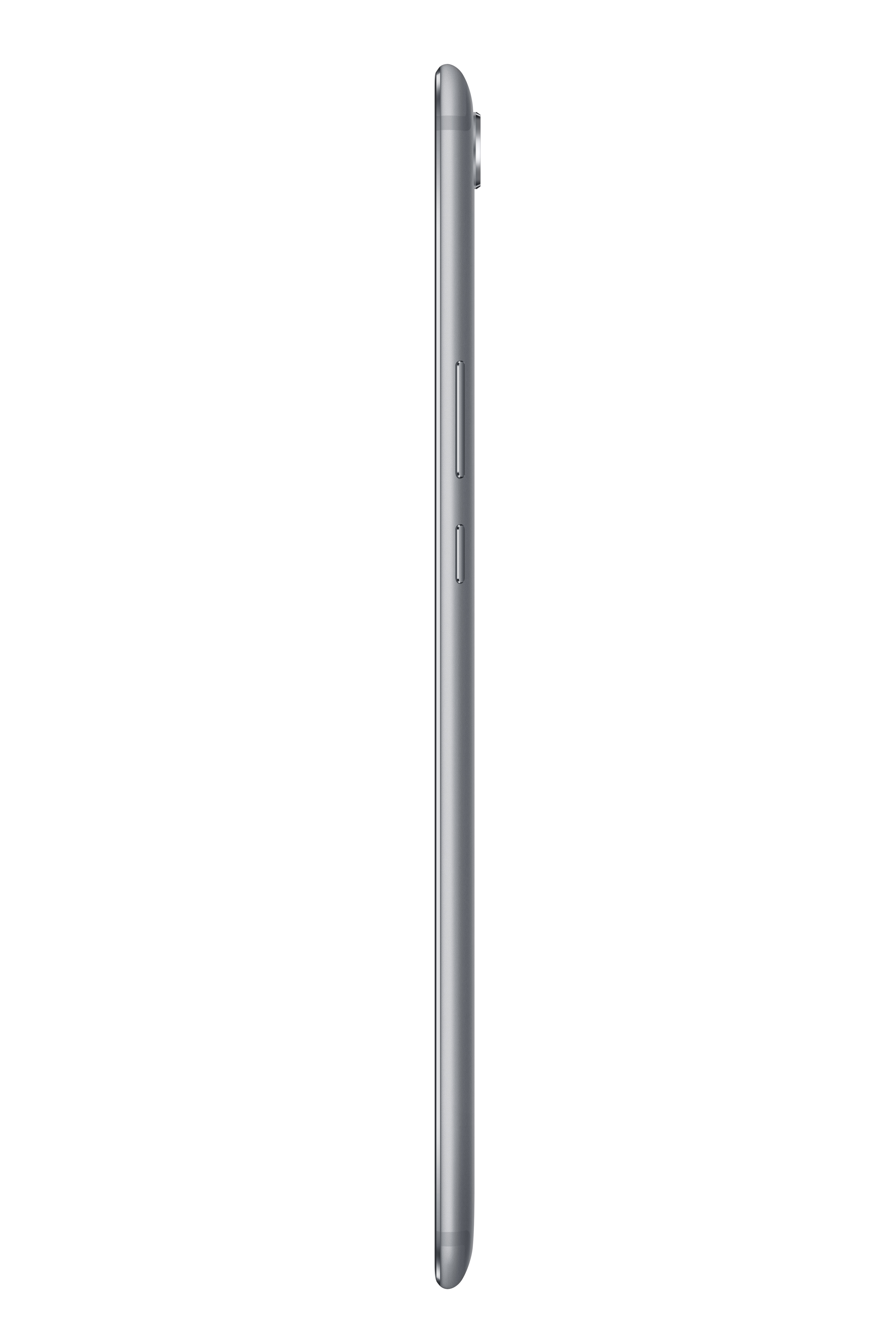 Seitenansicht eines silbernen Telefons. Das Telefon ist hoch und schlank, und es gibt Knöpfe an der Seite.