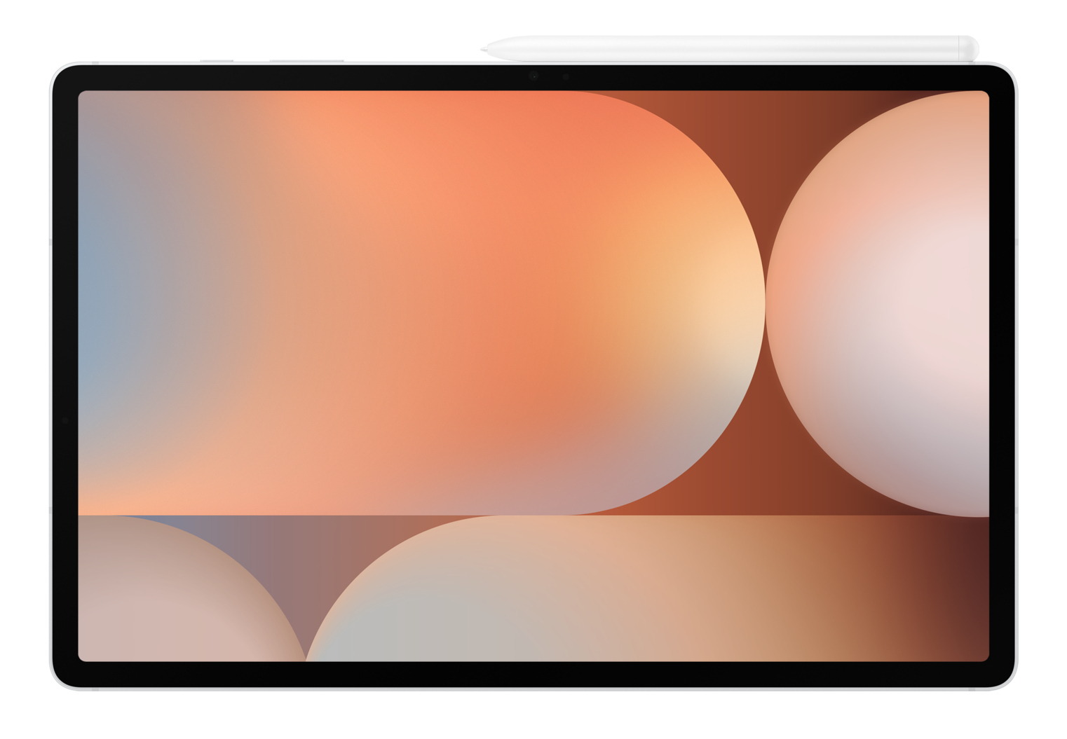 Tablet z kolorowym, abstrakcyjnym tłem. Na górze białe pióro. Białe tło.