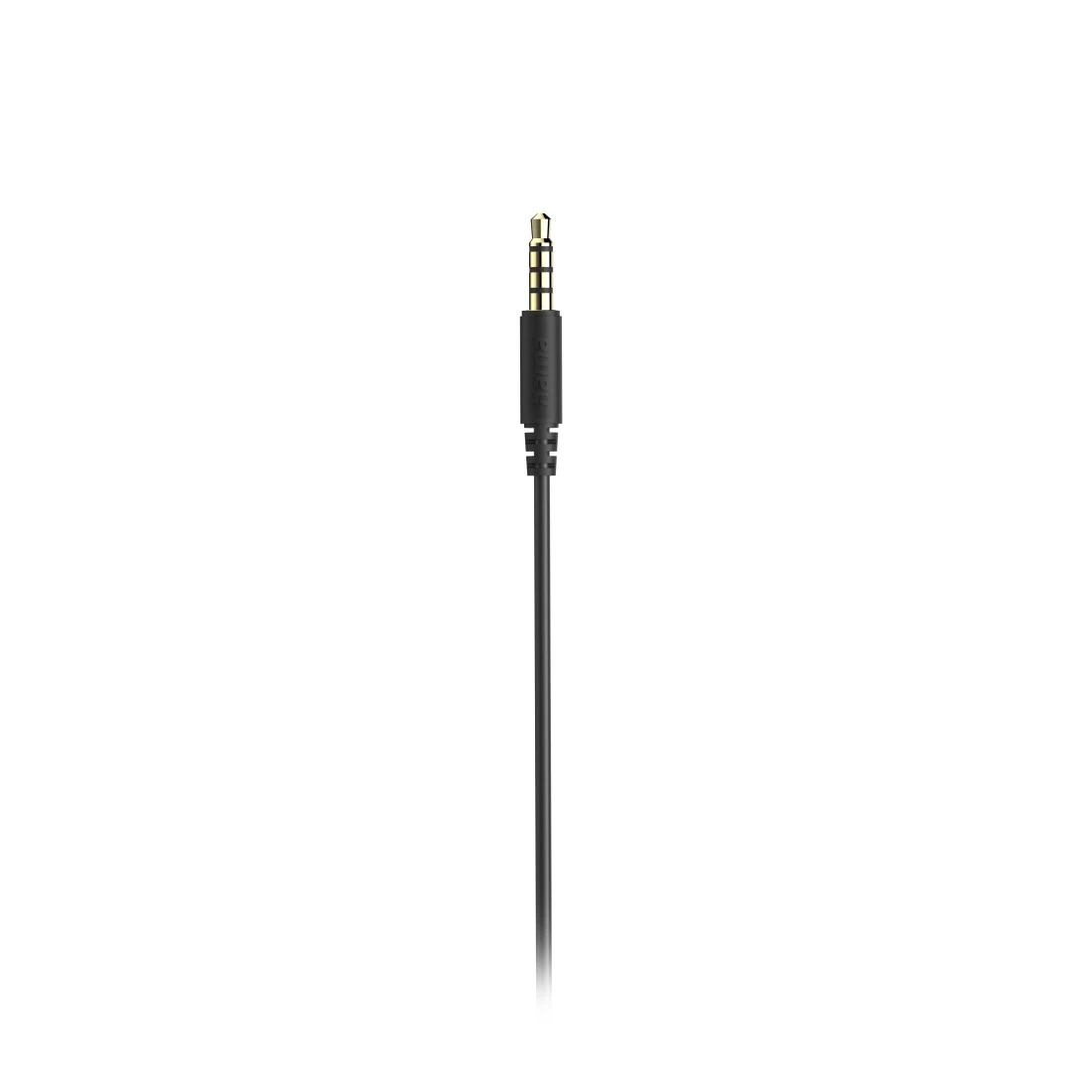 Nahaufnahme eines schwarzen Audio-Klinkensteckers mit schwarzem Kabel vor weißem Hintergrund.