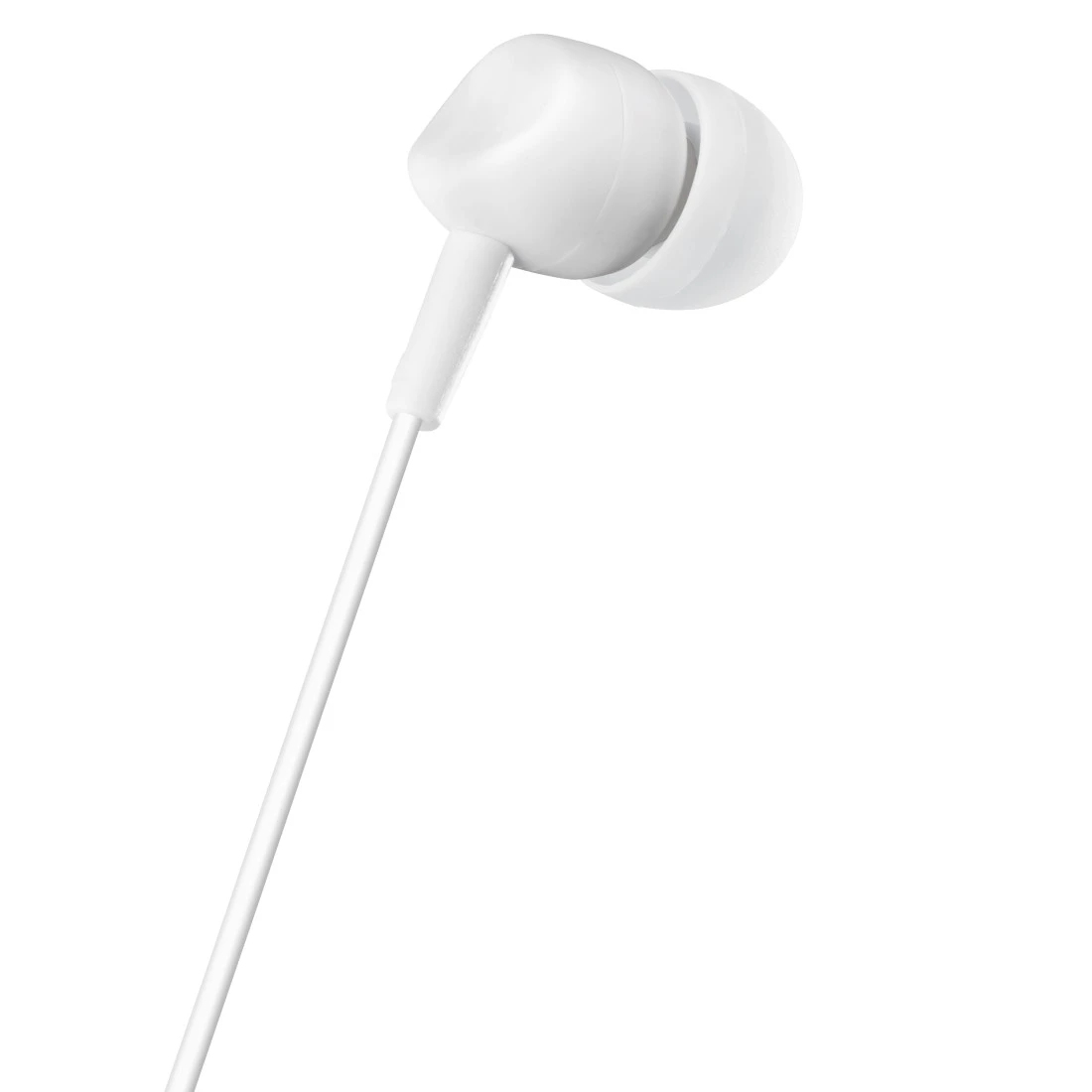 Un primo piano di un auricolare bianco, con un cavo bianco, su sfondo bianco.