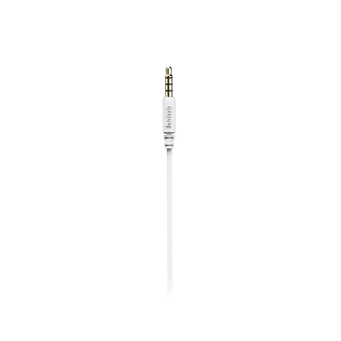 Cavo jack per cuffie bianco con punta dorata. Il cavo è isolato su sfondo bianco.