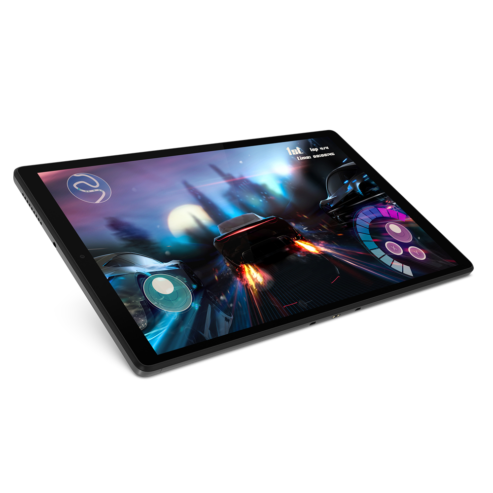 Tablet mostra un gioco di corse. Auto corrono su una pista, con indicatori di velocità e pulsanti di controllo.