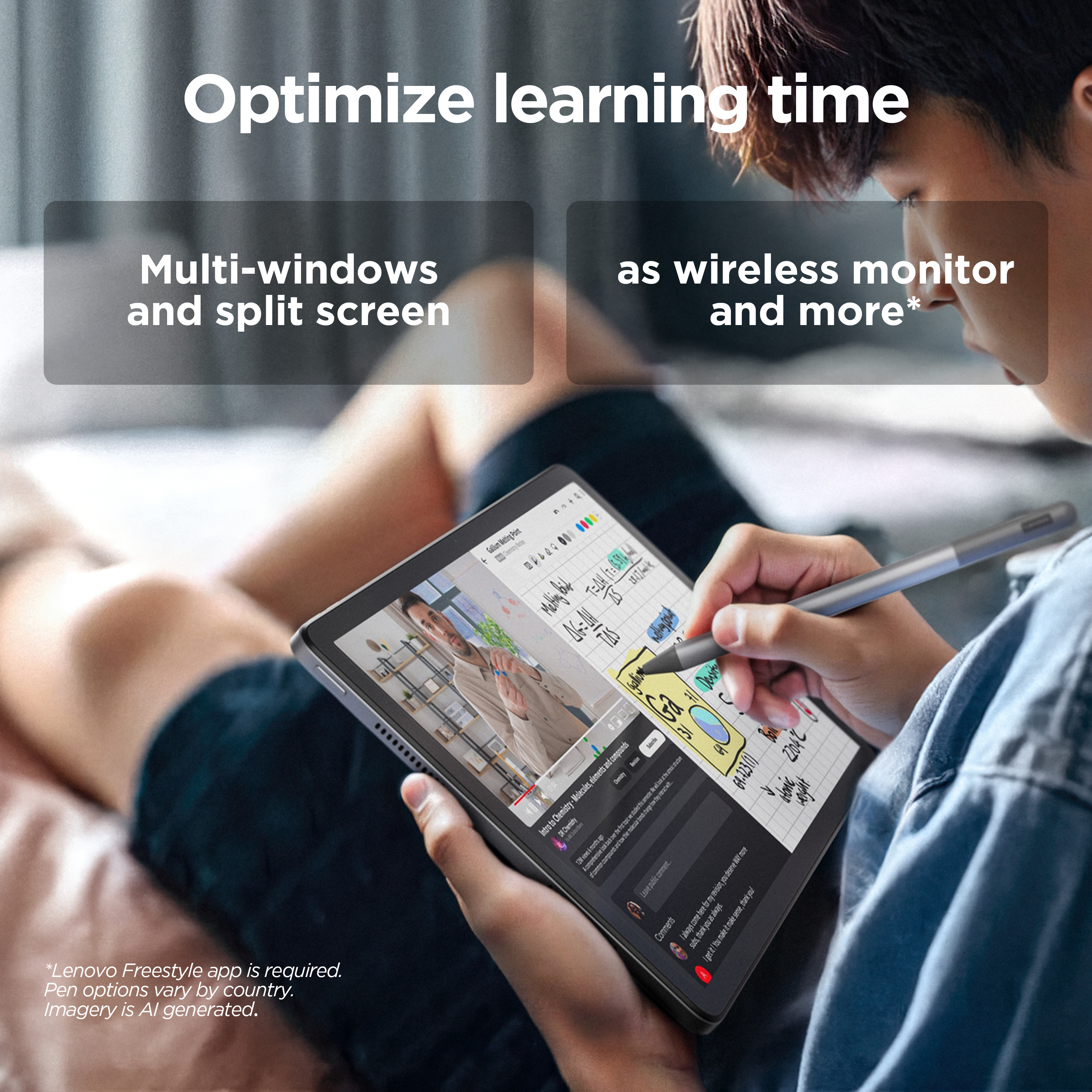 Uomo usa tablet con stilo. Schermo mostra video e note. Testo evidenzia 'Multi-finestre e schermo diviso'.