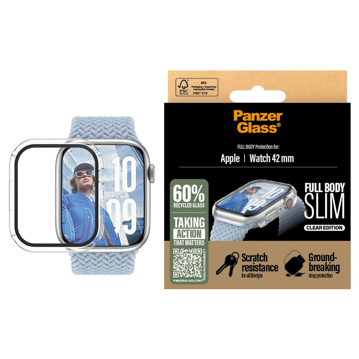 Watch with screen protector, box with text on the right.